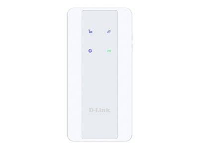 Ein weißes D-Link-Gerät mit Anzeigelichtern; das obere Licht zeigt den Stromversorgungsstatus an, das zweite für die Internetverbindung und ein drittes für das Wi-Fi-Signal.