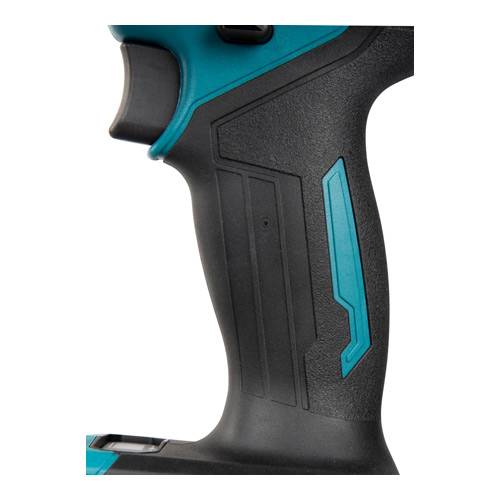 Nahaufnahme eines Elektrowerkzeuggriffs mit blauen Akzenten, die ergonomisches Design zeigt.