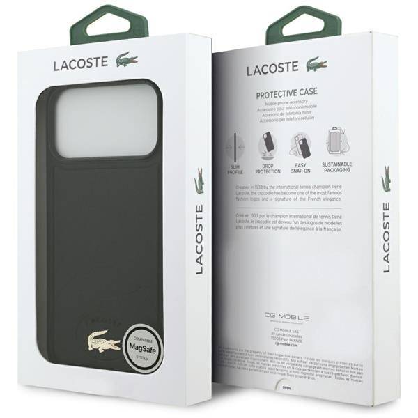 Lacoste Schutzhülle mit grünem Krokodil-Logo, MagSafe-Kompatibilität, Fallschutz, einfaches Snap-on-Design und nachhaltige Verpackung.