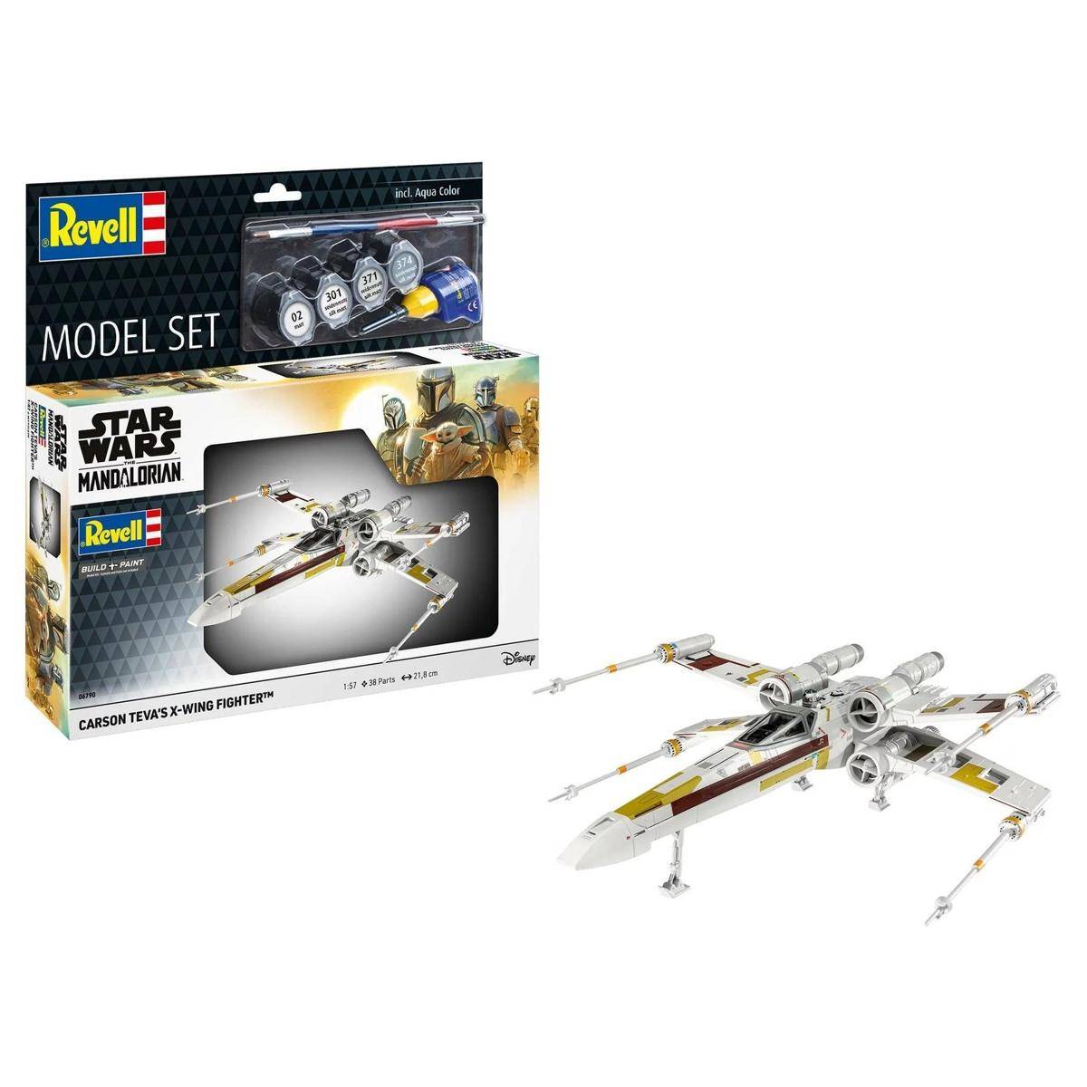 Revell Modellbausatz: Mandalorianer Carson Tevas X-Wing-Jäger mit einem X-Wing-Modell und Verpackung mit Star-Wars-Branding.