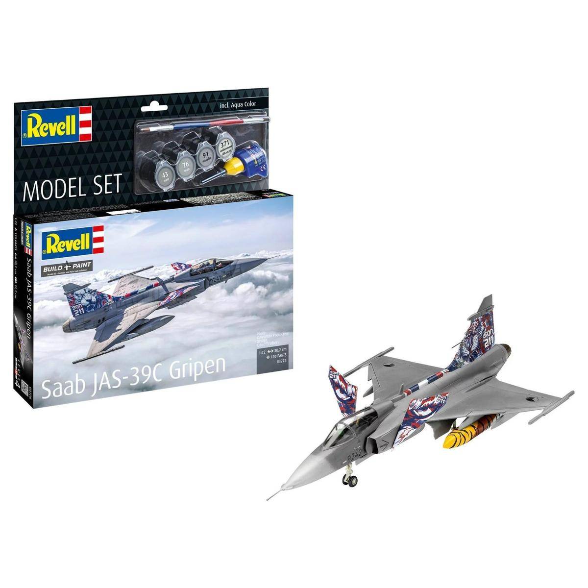 Modellsatz des Saab JAS-39C Gripen-Flugzeugs von Revell, gezeigt mit Verpackung und fertiggestelltem Modell, mit detaillierten Abziehbildern und Lackierung.