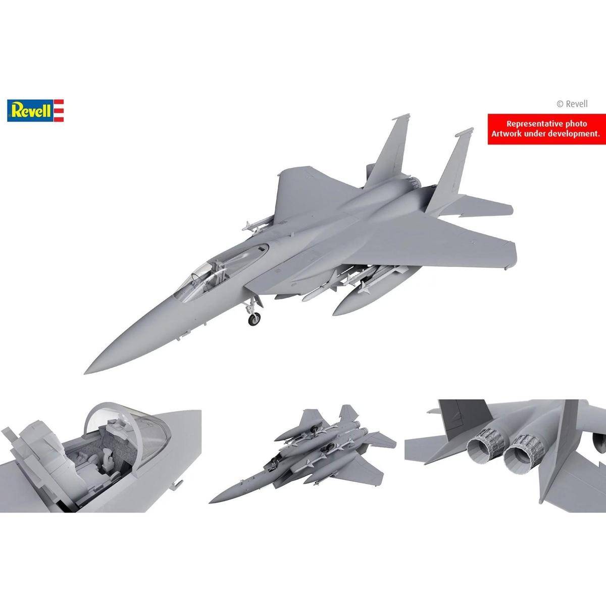 Modell eines Kampfjets von Revell, gezeigt aus verschiedenen Blickwinkeln einschließlich Draufsicht, Cockpit und Motoransichten. Kunstwerk in Entwicklung.