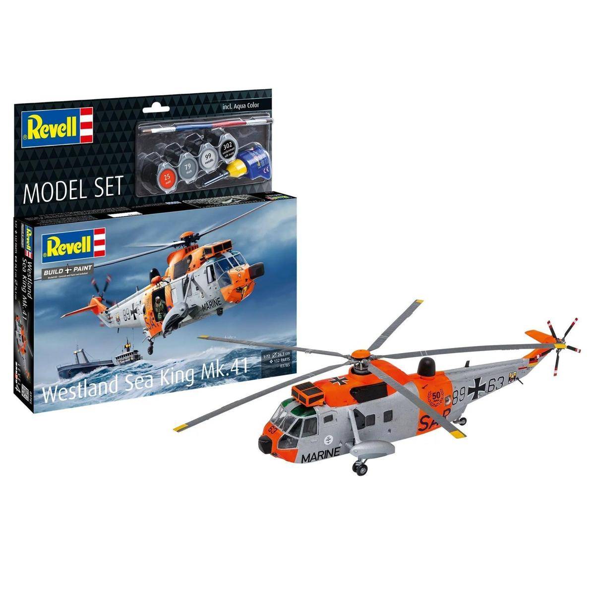 Revell Modellbausatz der Westland Sea King Mk. 41 Hubschrauber mit Farben und detaillierter Illustrationen des Hubschrauberdesigns.