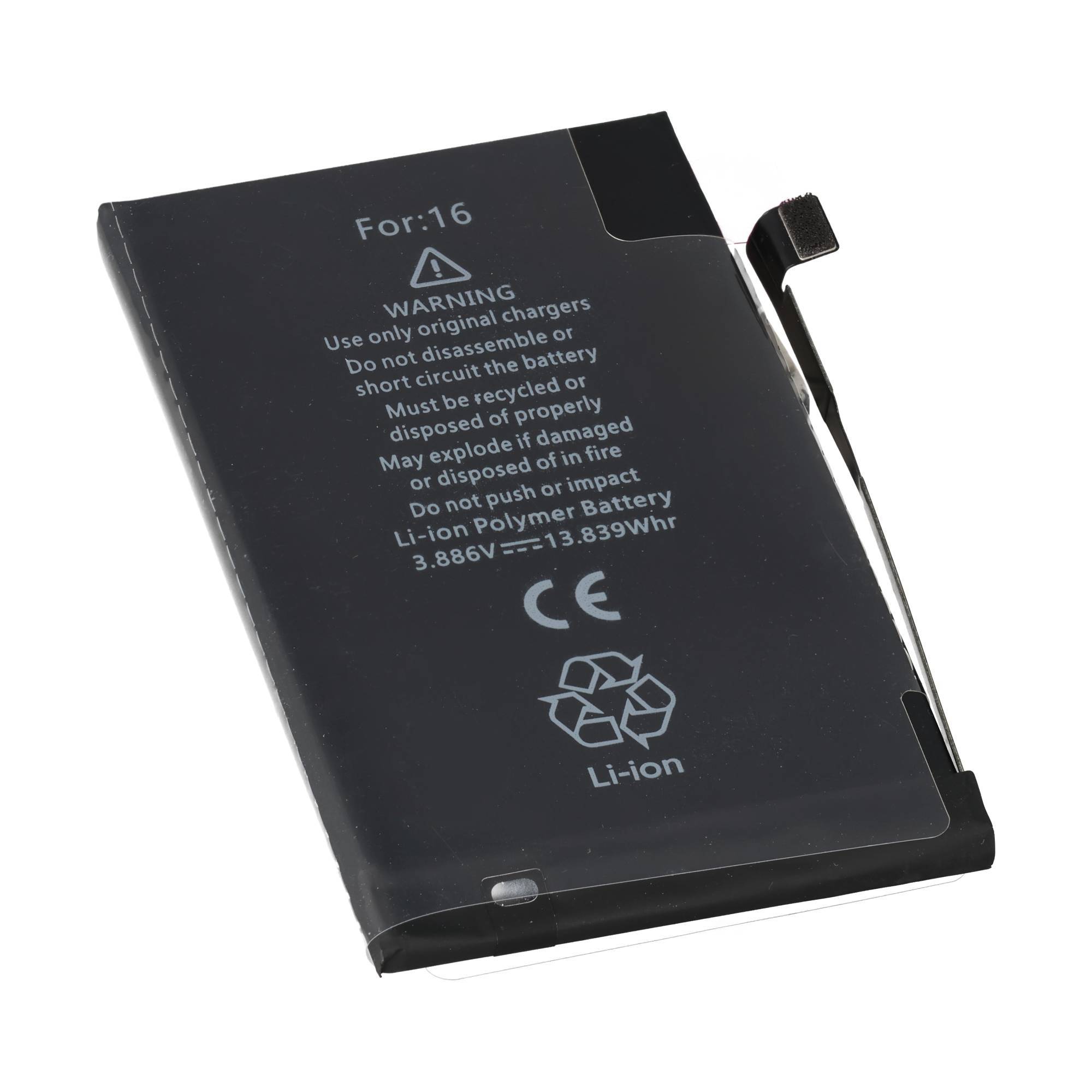 Eine schwarze Lithium-Ionen-Batterie mit der Kennzeichnung „Für: 16