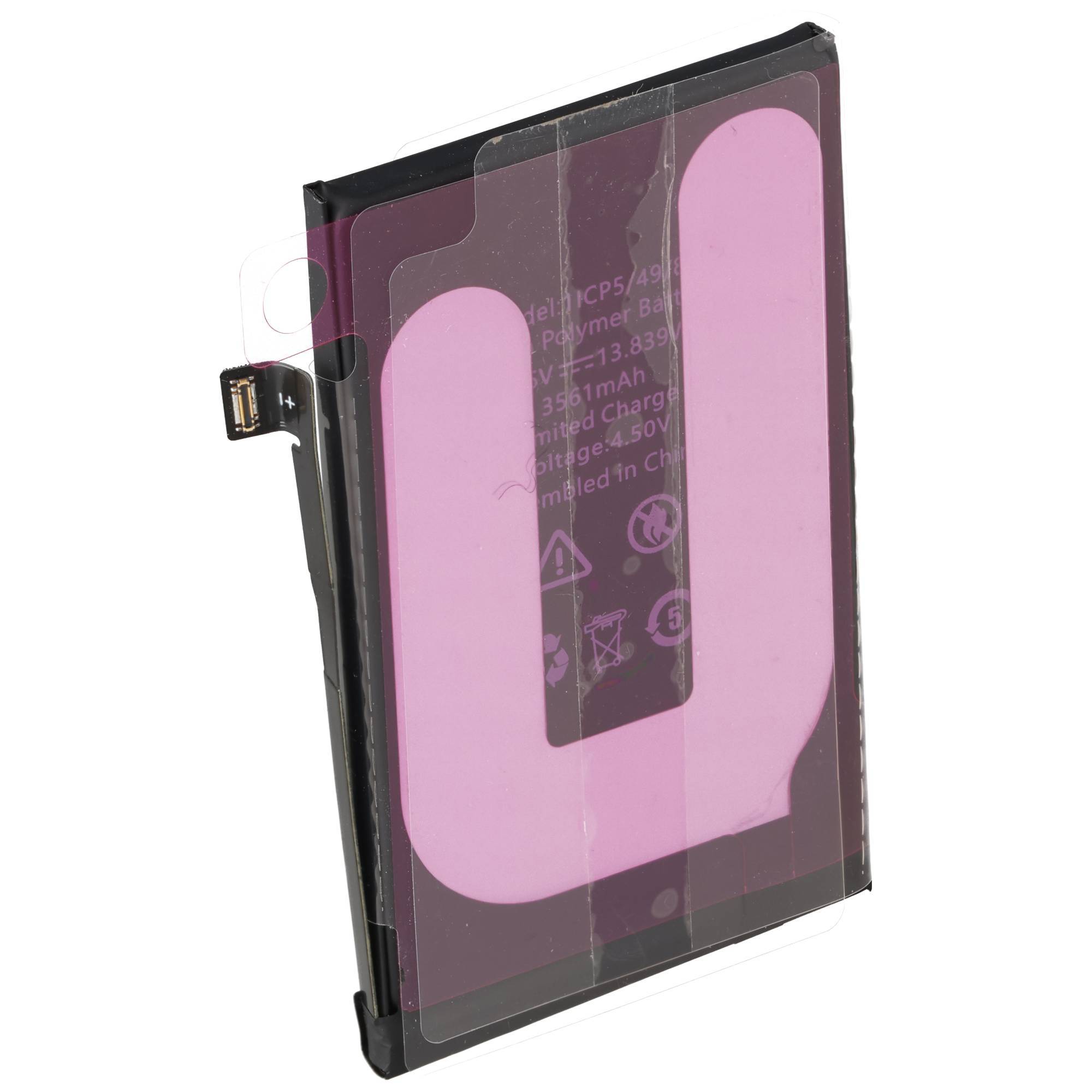 Eine rosa rechteckige Batterie mit verschiedenen Symbolen und Texten, entwickelt für elektronische Geräte. Der Anschluss ist auf der Seite sichtbar.