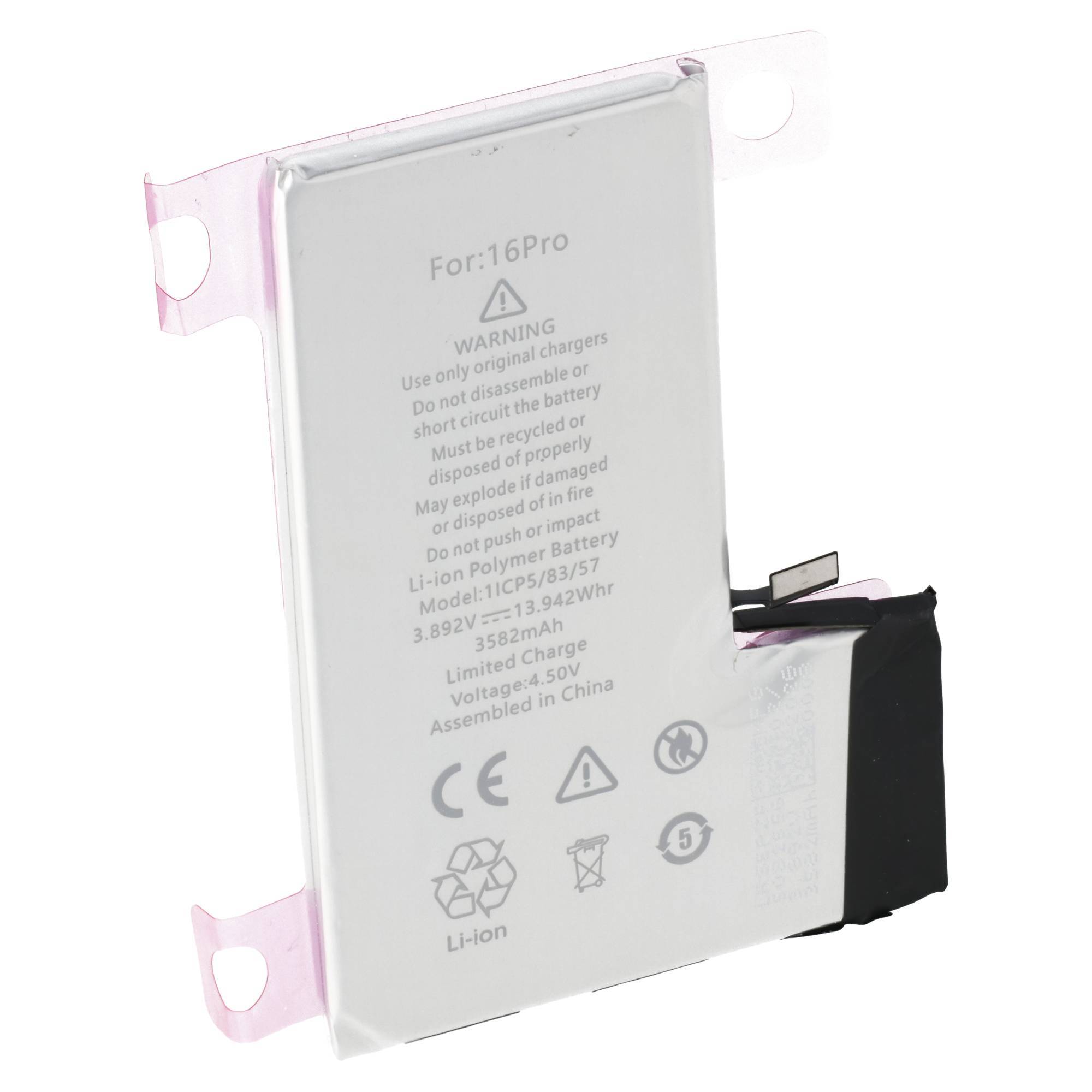 Akku für: 16 Pro' Lithium-Ionen-Akku mit Warntext zur Verwendung nur des Original-Ladegeräts, Entsorgungsanweisungen und Spezifikationen.