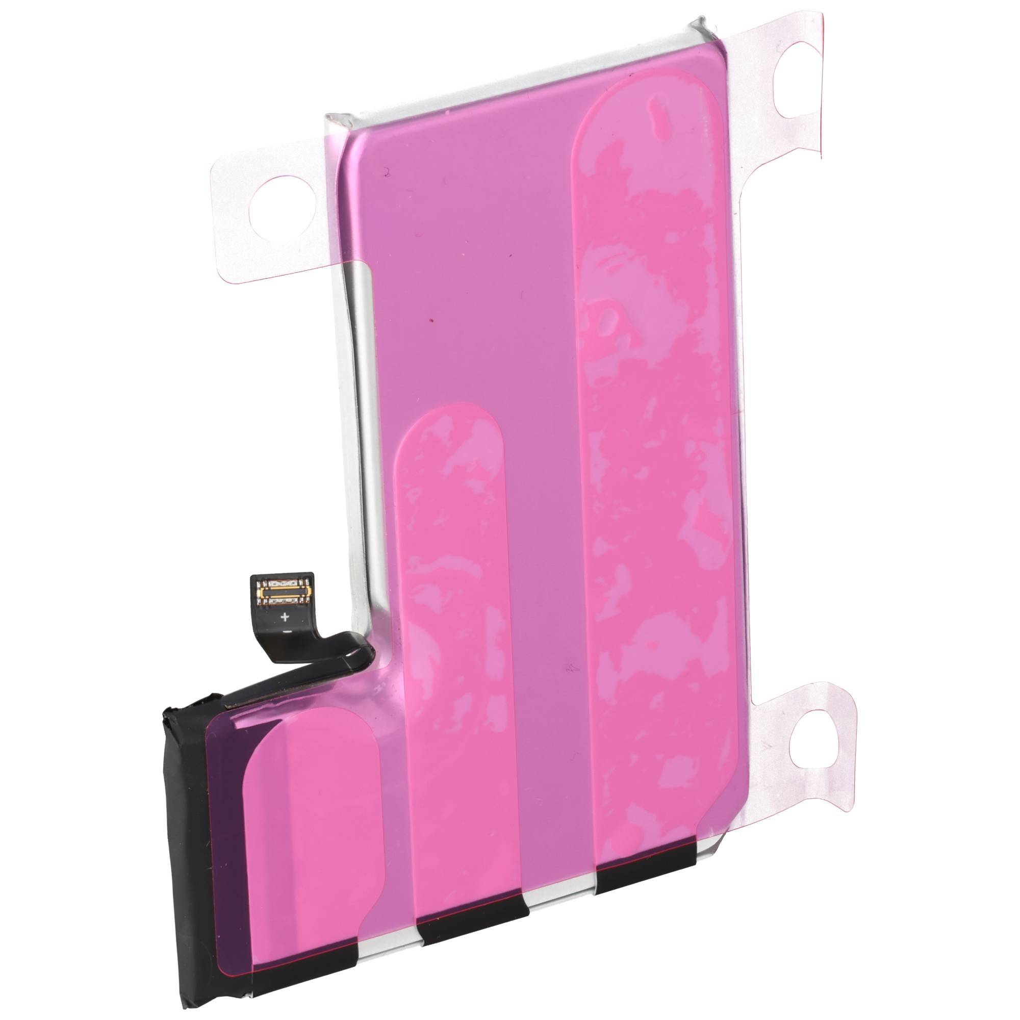 Eine kleine, rechteckige Lithium-Ionen-Batterie mit rosa Außenseite, die vier Laschen an den Seiten und einen schwarzen Anschluss unten aufweist.