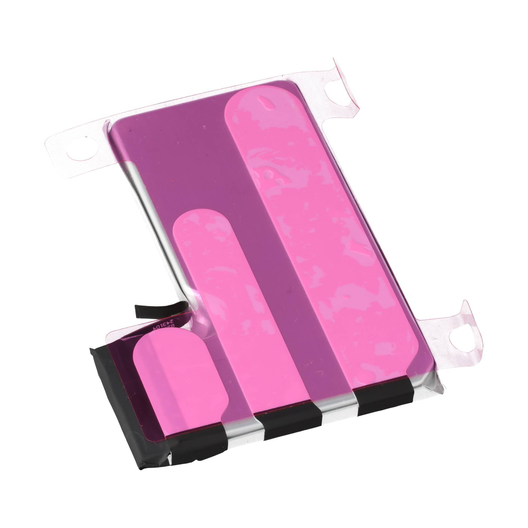 Ein rosafarbener Klebebatteriestreifen für ein Mobiltelefon in einer transparenten Halterung, der verwendet wird, um die Batterie im Gerät zu sichern und zu schützen.