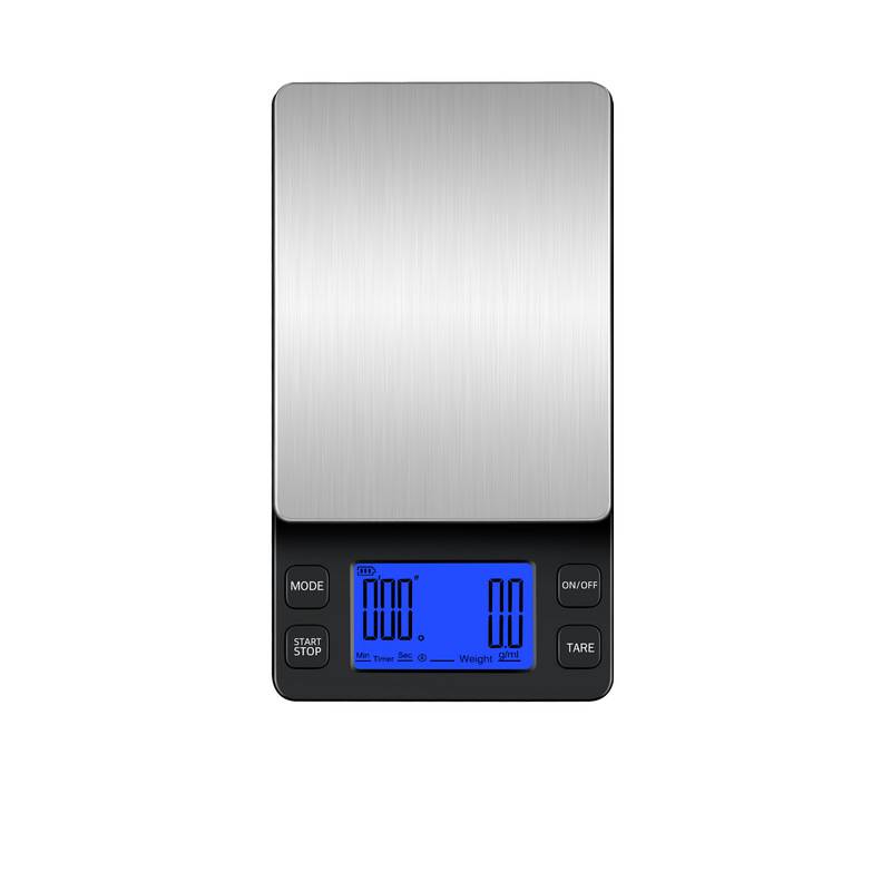 Digitale Küchenwaage mit einer Edelstahlplattform und blauem LCD-Display zur Anzeige von Gewichtswerten in Gramm.
