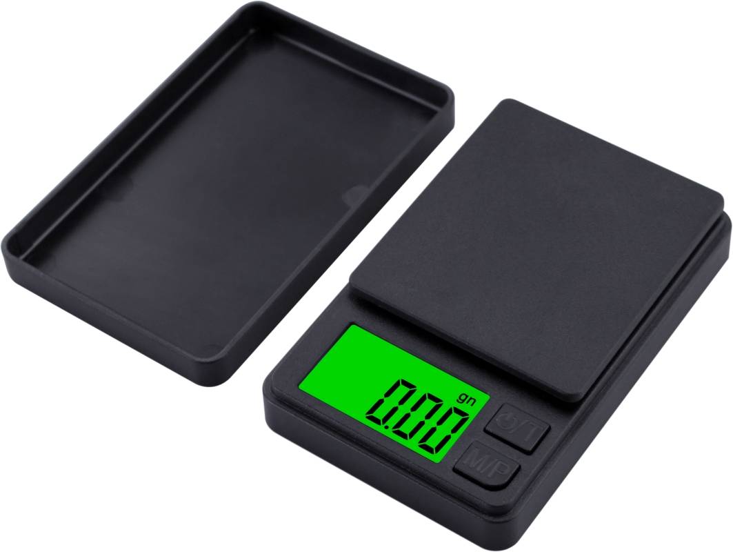 Digitale Küchenwaage mit der Anzeige '0.00' auf einem grün beleuchteten Display und einem offenen Deckel daneben.