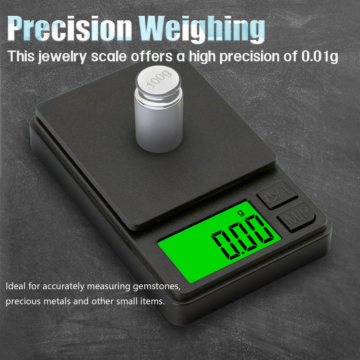 Digitale Schmuckwaage zeigt '0.00g' mit einem Gewicht darauf; die Beschriftung lautet 'Präzisionswägung' und hebt die Genauigkeit von 0,01g hervor.