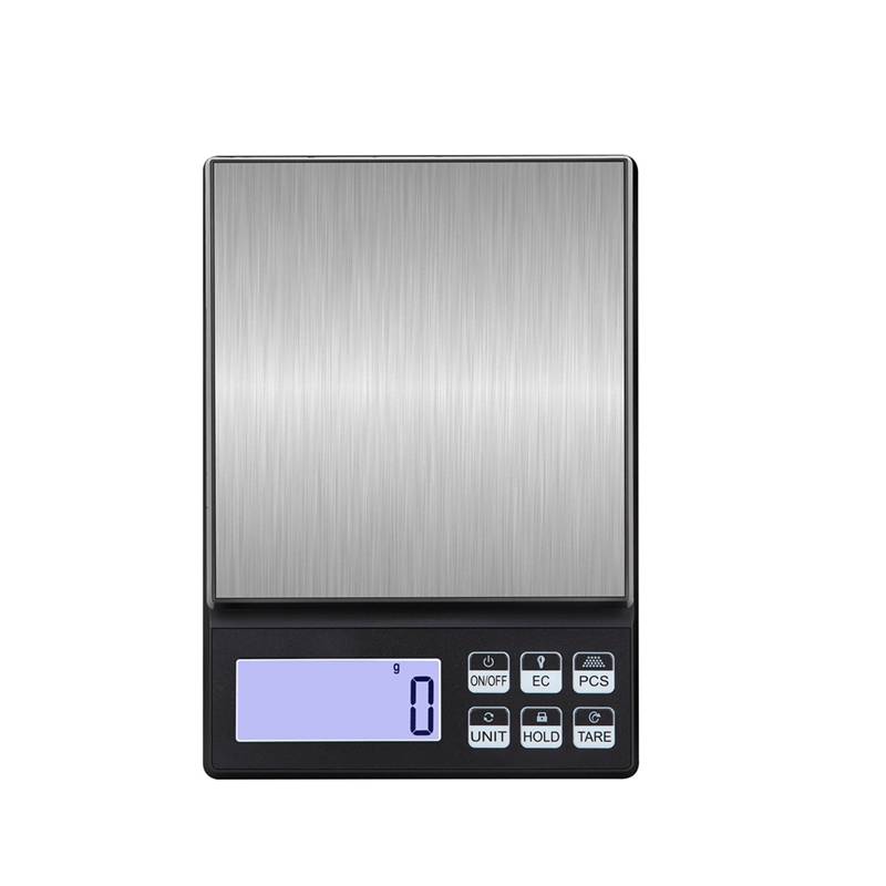 Digitale Küchenwaage mit einer Wiegefläche aus Edelstahl und einem digitalen Display, das „0