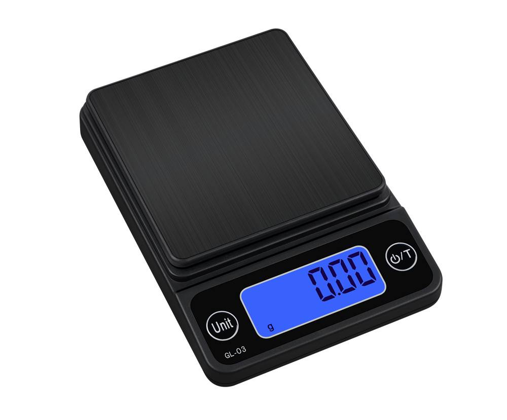 Eine digitale Küchenwaage mit blauem beleuchteten Display, das „0,00 g