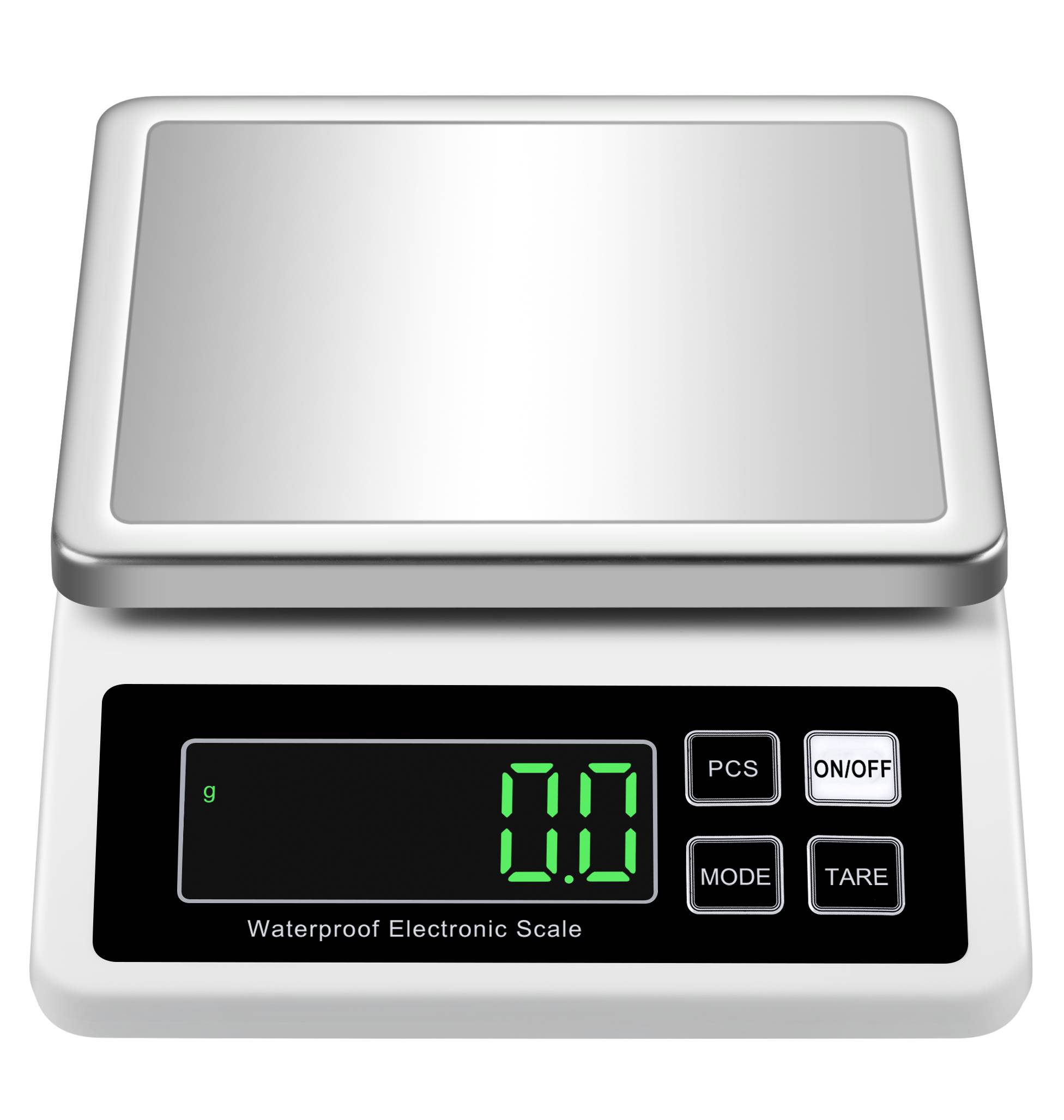 Digitale Küchenwaage mit 0 Gramm auf dem LED-Display, ausgestattet mit Tasten für Tara, Modus, Ein/Aus und Stückzählung.