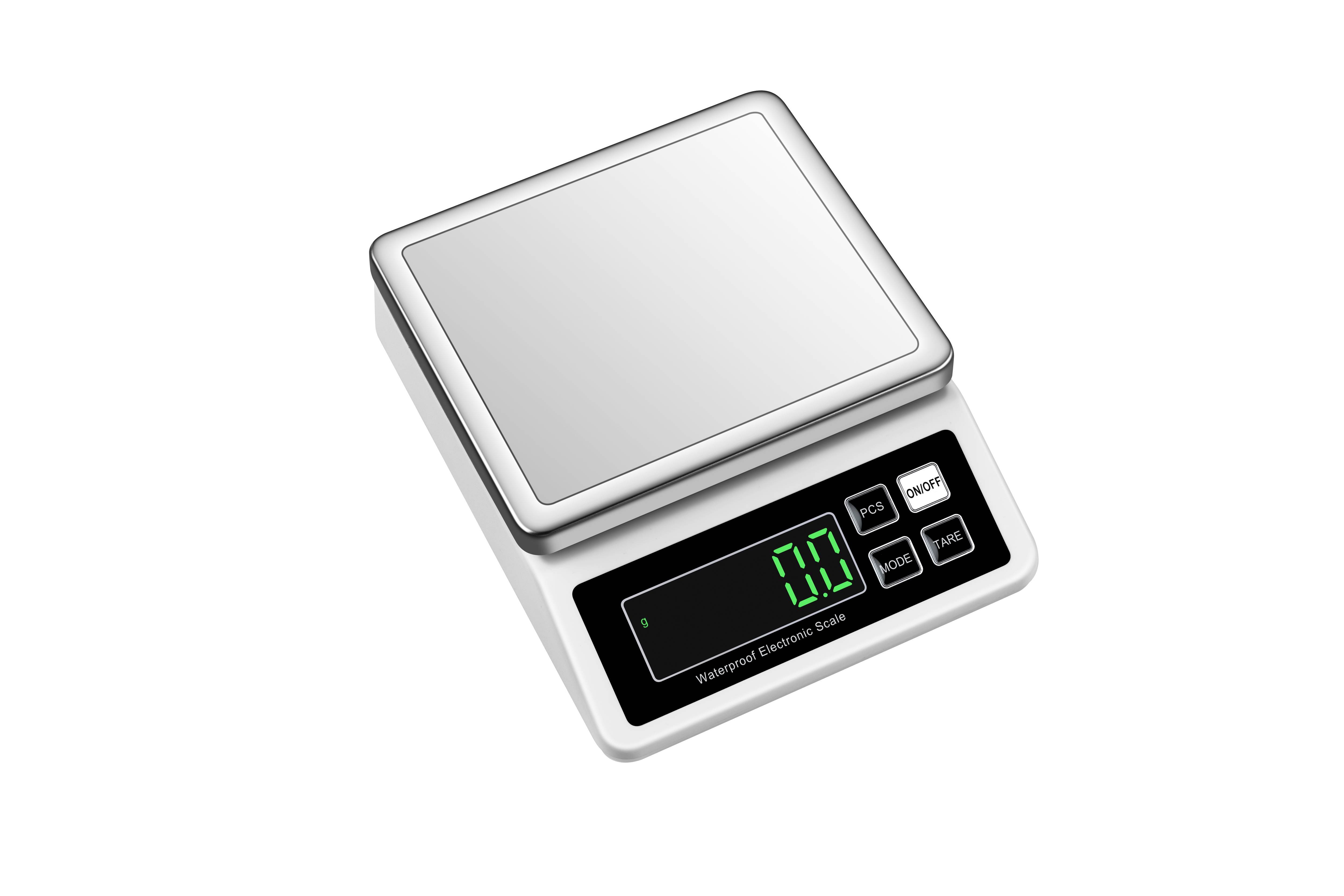 Digitale Küchenwaage mit silberfarbener Plattform und LCD-Display, das 