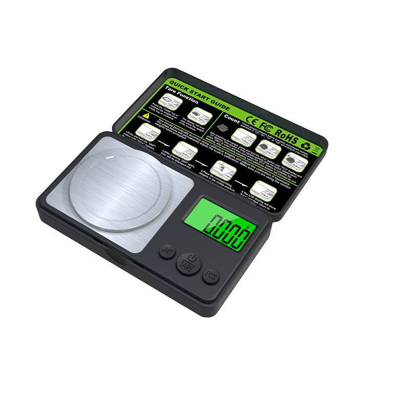 Eine digitale Taschenwaage zeigt '0.00g' auf dem Bildschirm an. Eine Schnellstartanleitung ist beigefügt, die Tasten und Funktionen für präzise Messungen hervorhebt.