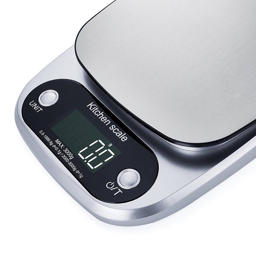 Digitale Küchenwaage mit LCD-Display, das „0,0