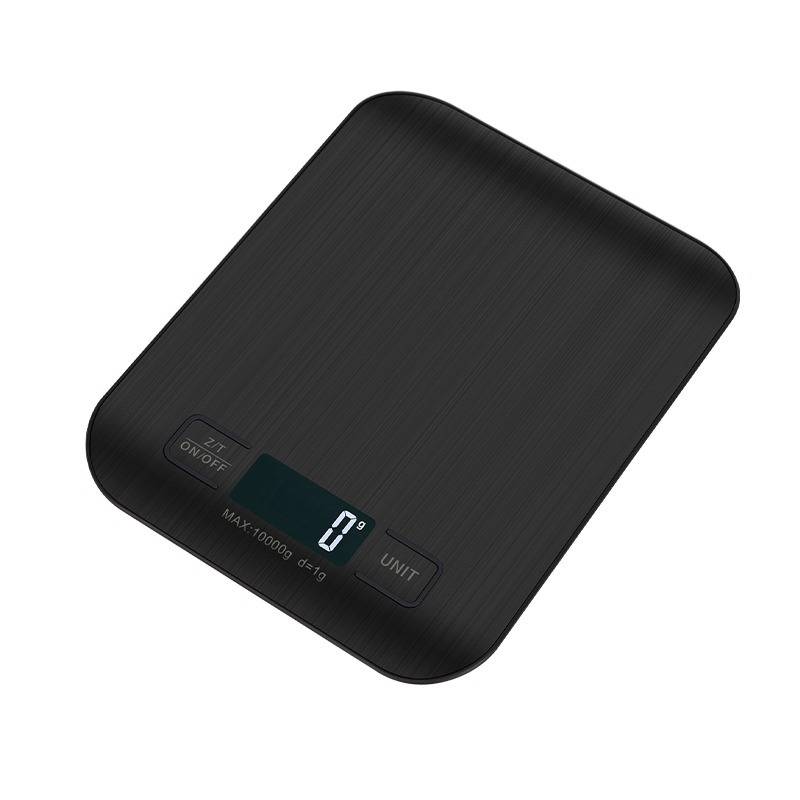 Schwarze digitale Küchenwaage mit Anzeige von 0 Gramm, ausgestattet mit Ein-/Aus- und Einheit-Tasten, mit schlankem, modernem Design. Maximale Kapazität 10.000g.