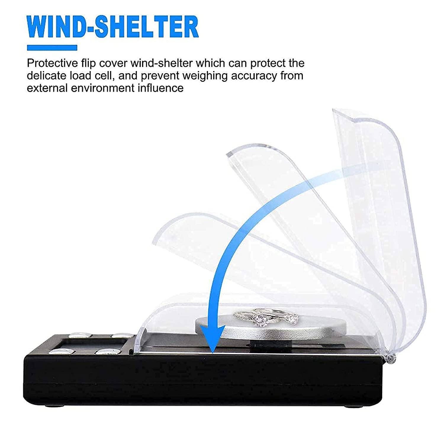 Digitale Waage mit 'Wind-Shelter' Schutzklappdeckel, entwickelt zum Schutz der Wägezelle und zur Verbesserung der Messgenaauigkeit.