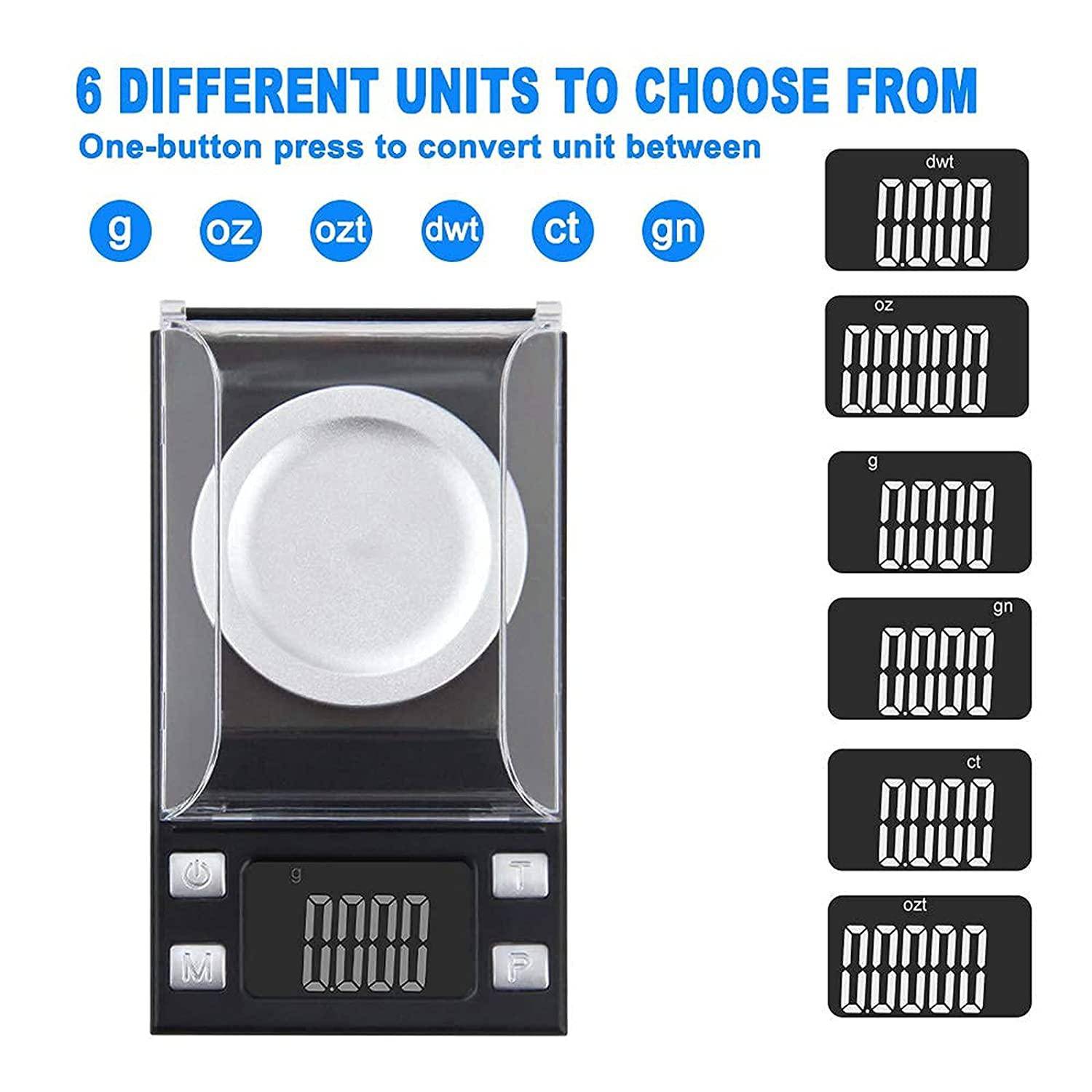 Digitale Waage mit 6 Einheitsoptionen: g, oz, ozt, dwt, ct, gn. Das Display zeigt in jedem Modus Null an. Umwandlung mit einem Knopfdruck.