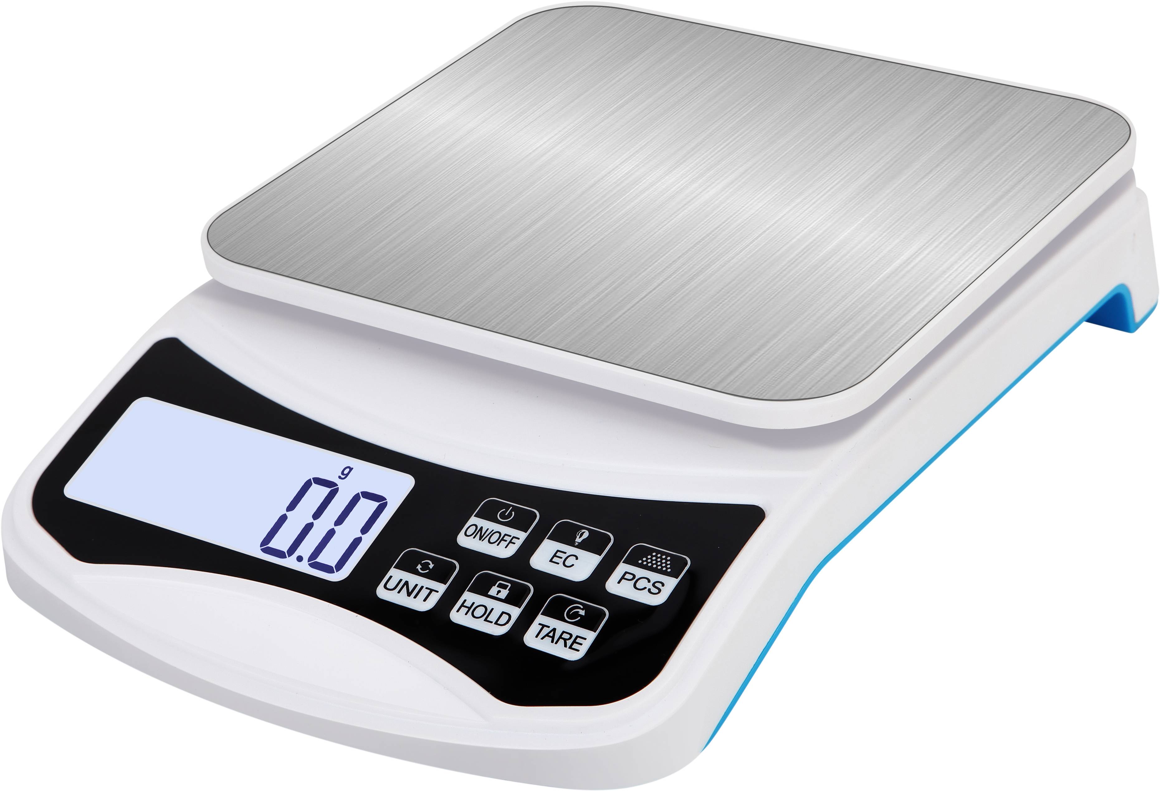 Digitale Küchenwaage mit Edelstahlplattform, zeigt 0,0 Gramm auf einem LCD-Display an. Die Tasten umfassen 'UNIT', 'ON/OFF', 'TARE'.