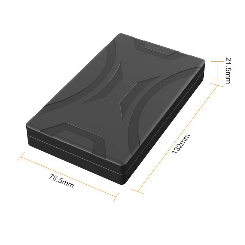 Ein schwarzes rechteckiges Gerät mit gekennzeichneten Abmessungen: 132 mm Länge, 78,5 mm Breite und 21,5 mm Höhe.