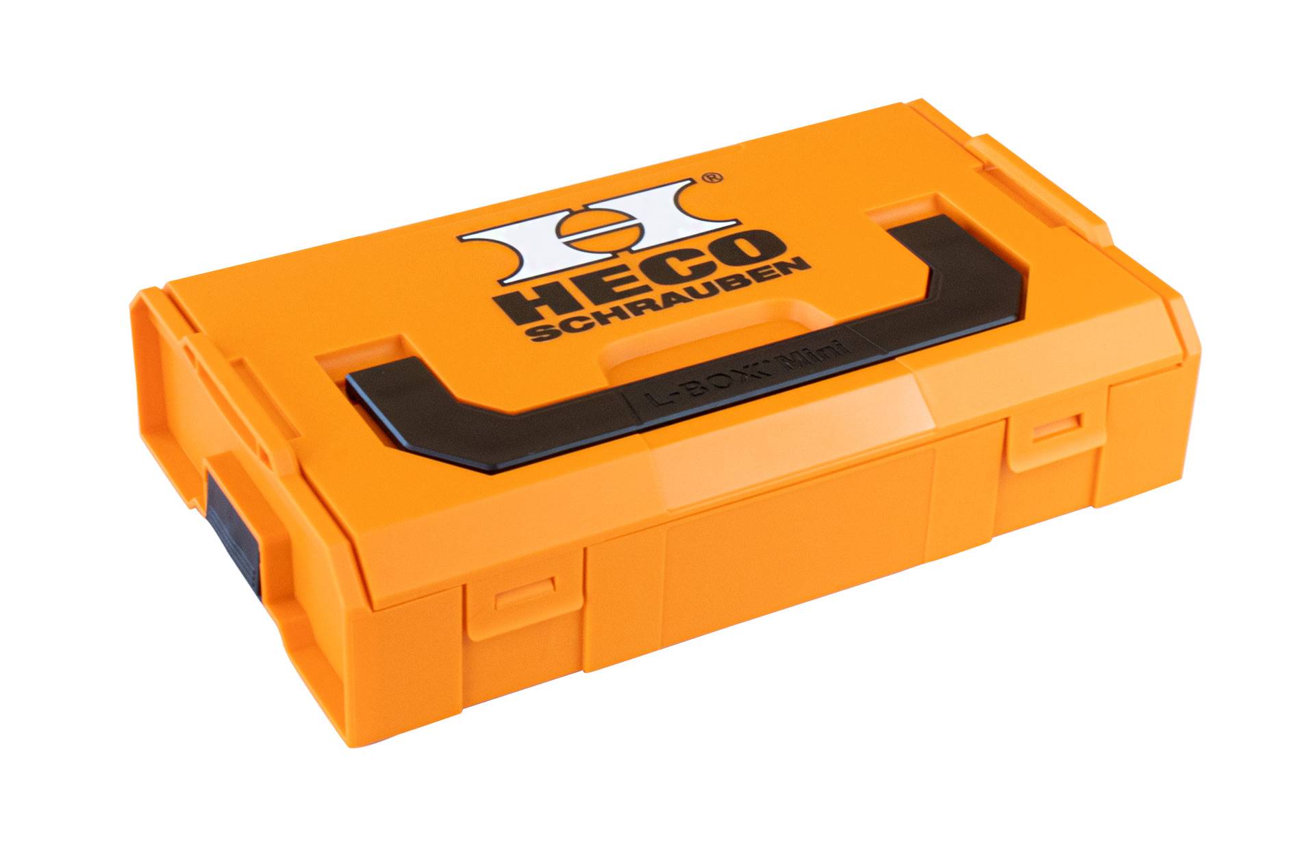 Eine orangefarbene Lagerkiste mit der Aufschrift „HECO Schrauben