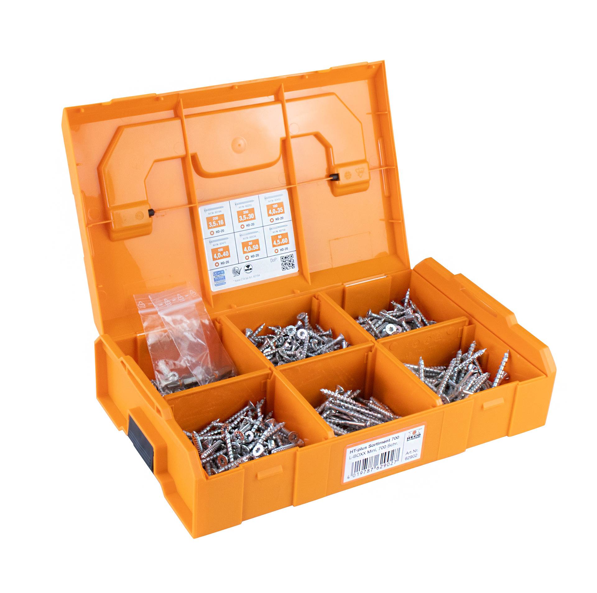 Eine orangefarbene Organizer-Box gefüllt mit verschiedenen Größen von Metallschrauben, mit beschrifteten Fächern und einem versiegelten Beutel mit Schrauben.
