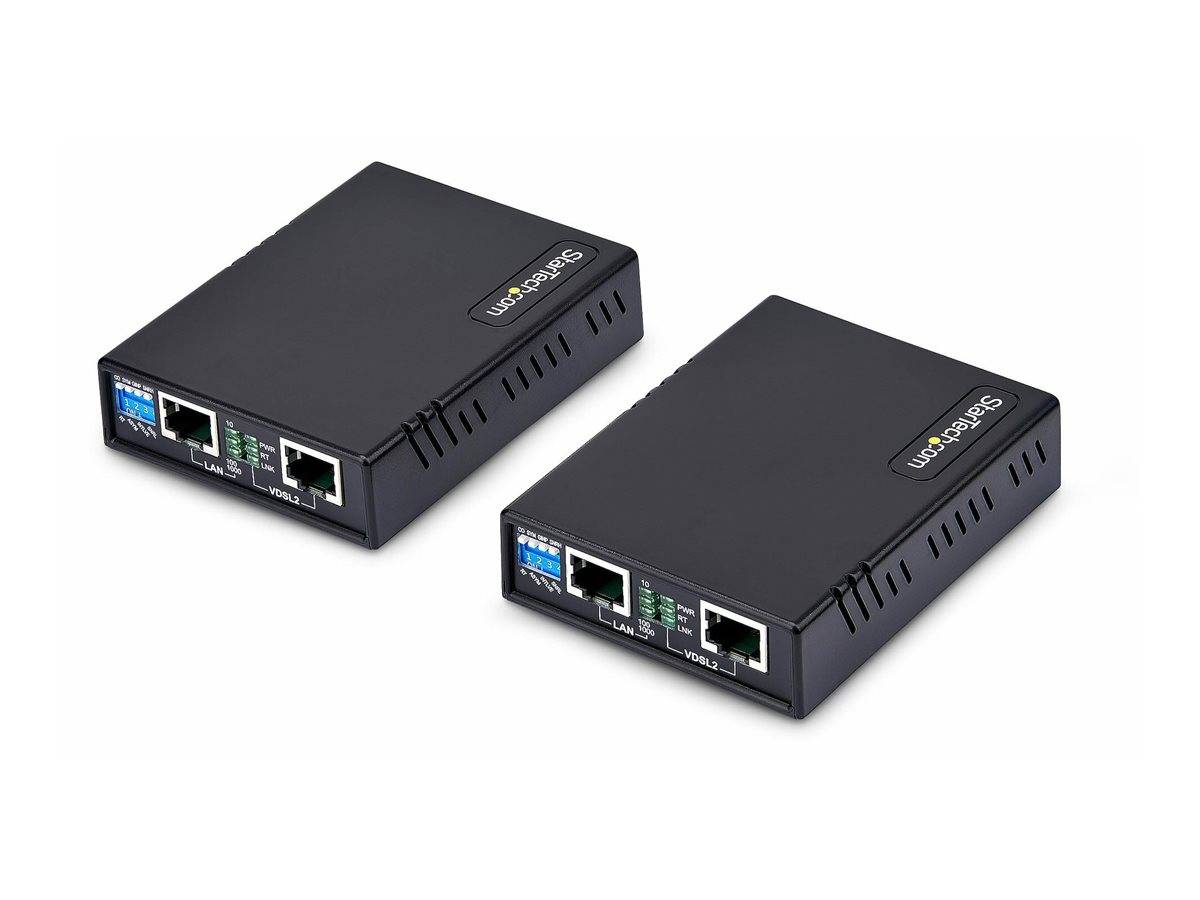 Zwei schwarze Ethernet-over-IP-Extender, jeder mit LAN- und Videoanschlüssen, mit der Beschriftung „StarTech.com