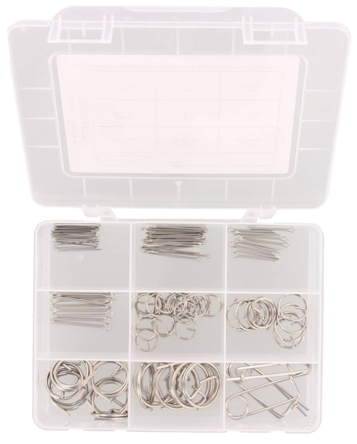 Eine transparente Kunststoff-Organizer-Box mit Fächern, die verschiedene Metallhaken, Ringe und Stifte enthält.