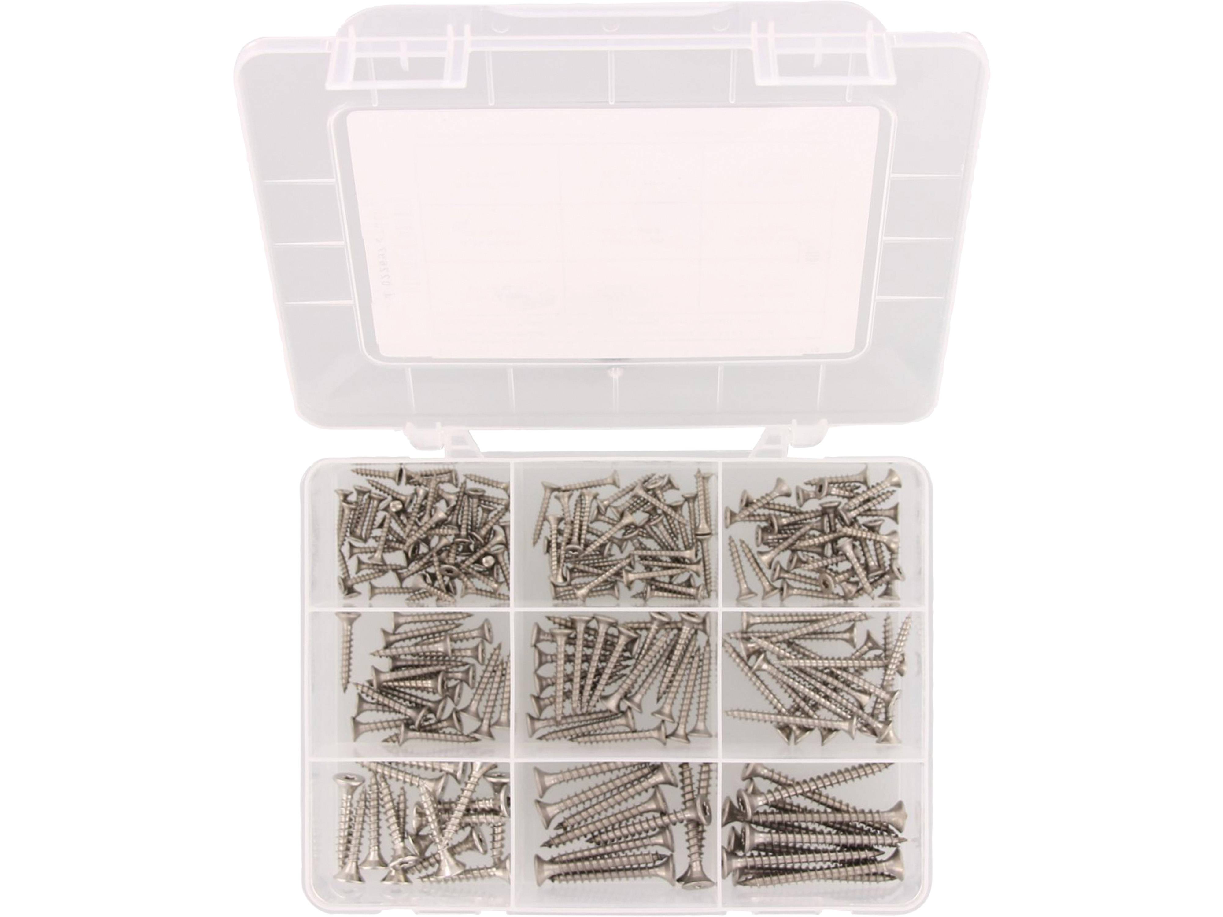 Eine durchsichtige Kunststoffbox mit mehreren Fächern, von denen jedes mit verschiedenen Größen von Metallschrauben gefüllt ist, in organisierter Weise angeordnet.