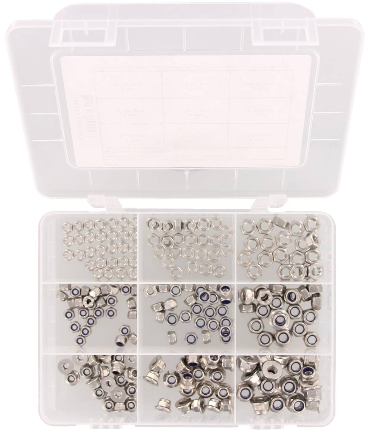 Eine transparente Kunststoff-Organizer-Box mit mehreren Fächern, die verschiedene Größen von Metallmuttern enthält, einschließlich Sicherungsmuttern mit blauen Ringen.