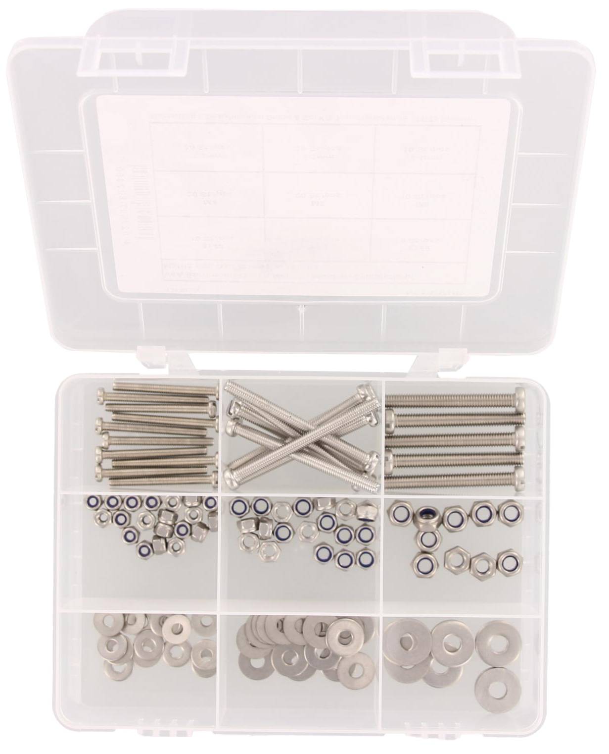 Eine Kunststoff-Organizer-Box mit verschiedenen Metallhardware-Komponenten, einschließlich Schrauben, Muttern und Unterlegscheiben, sortiert in Fächern.