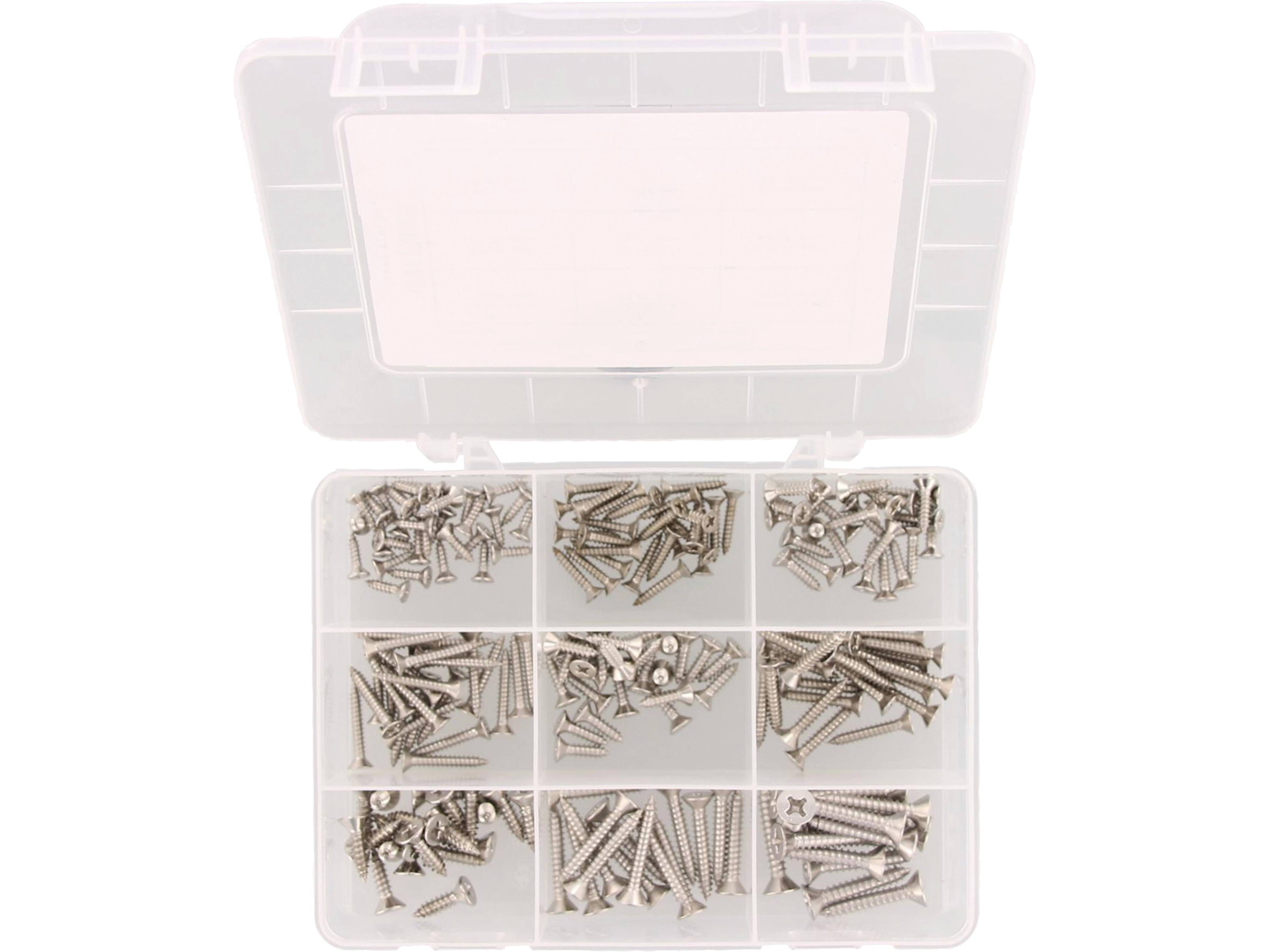 Kunststoffbox mit verschiedenen Größen von Metallschrauben in Fächern sortiert, von oben betrachtet.