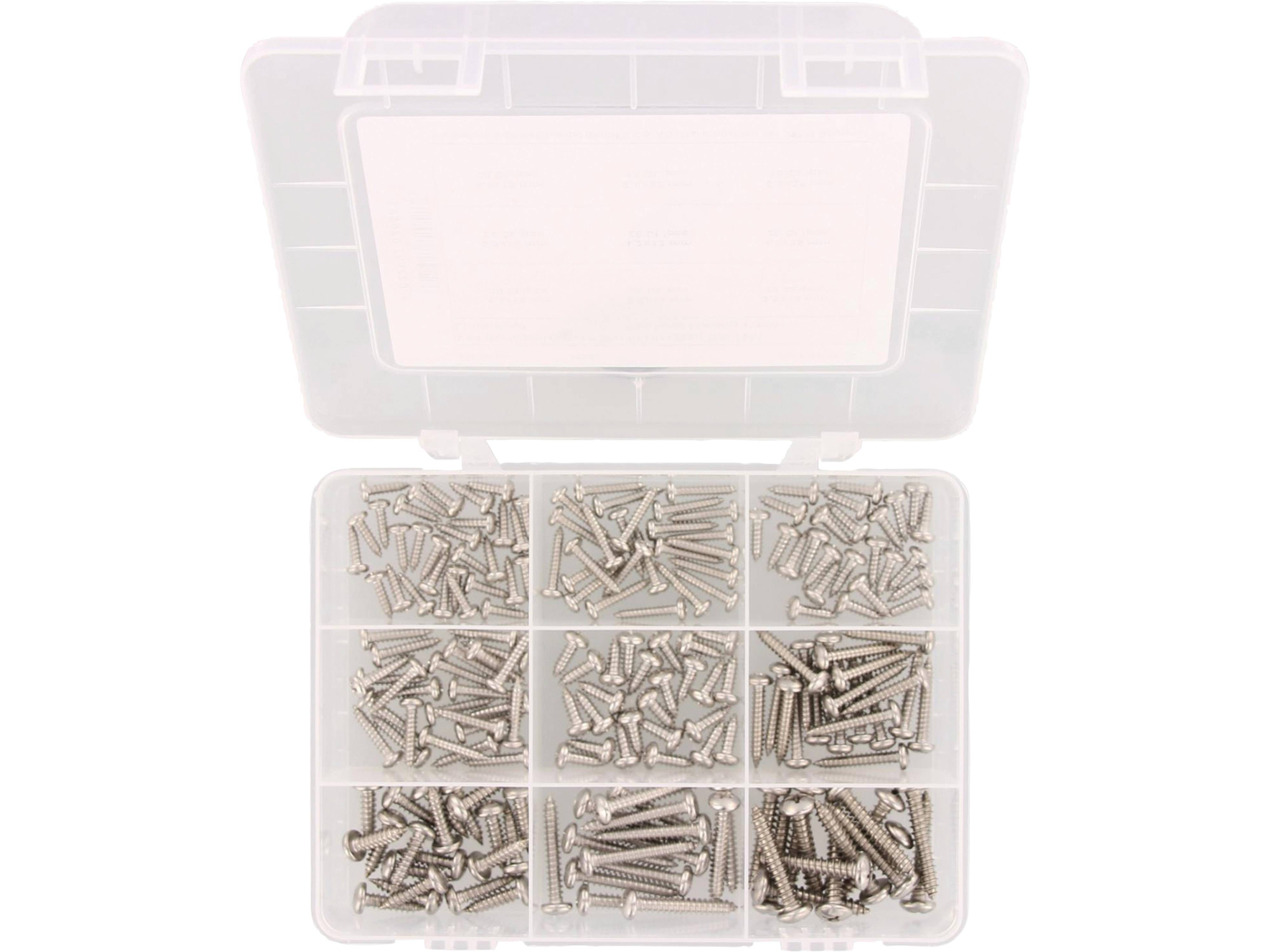 Eine Kunststoff-Organizer-Box mit verschiedenen Größen von silbernen Schrauben in separaten Fächern.