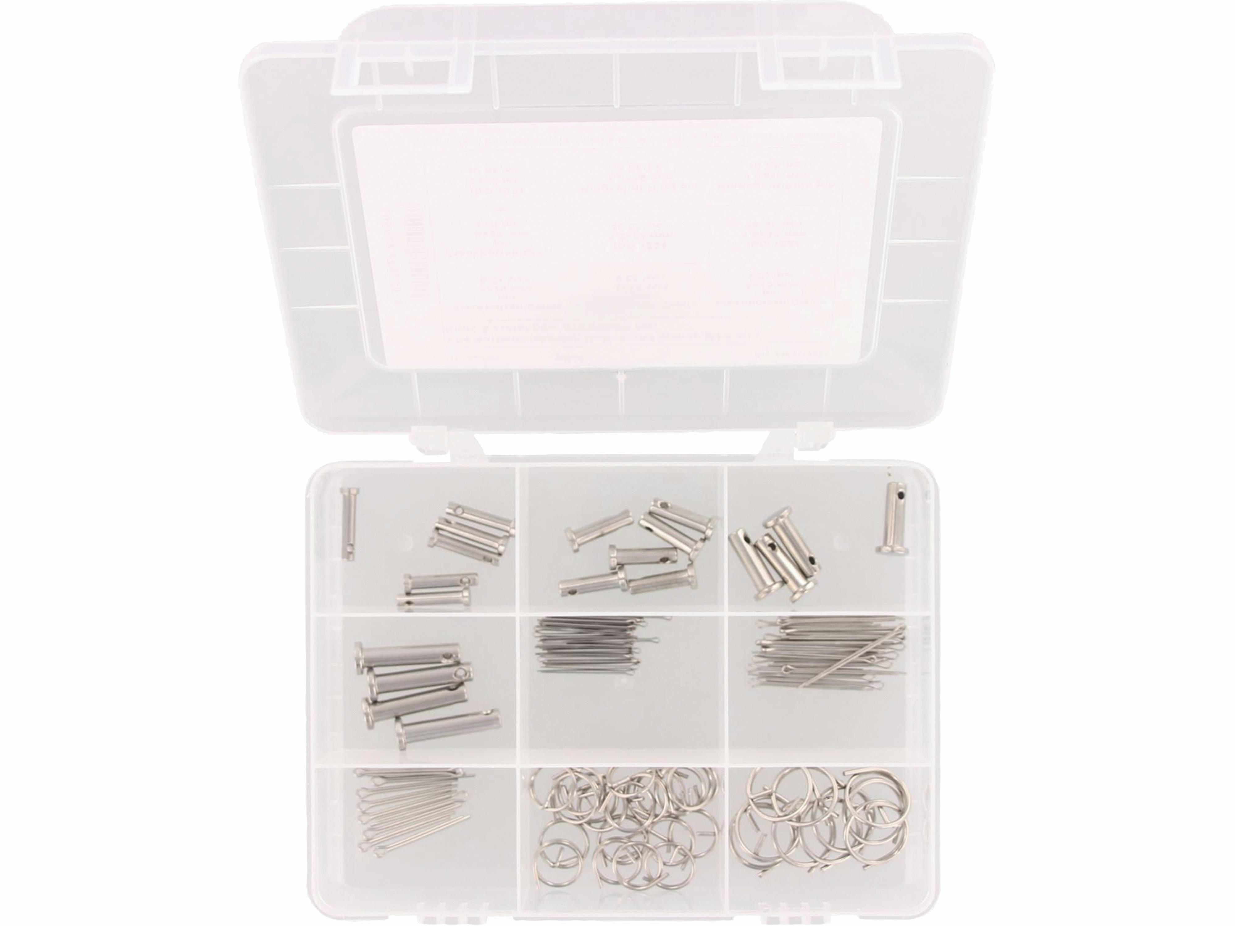 Ein Kunststoffkasten mit mehreren Fächern, der verschiedene Metallstiftsicherungen und Ringe enthält.