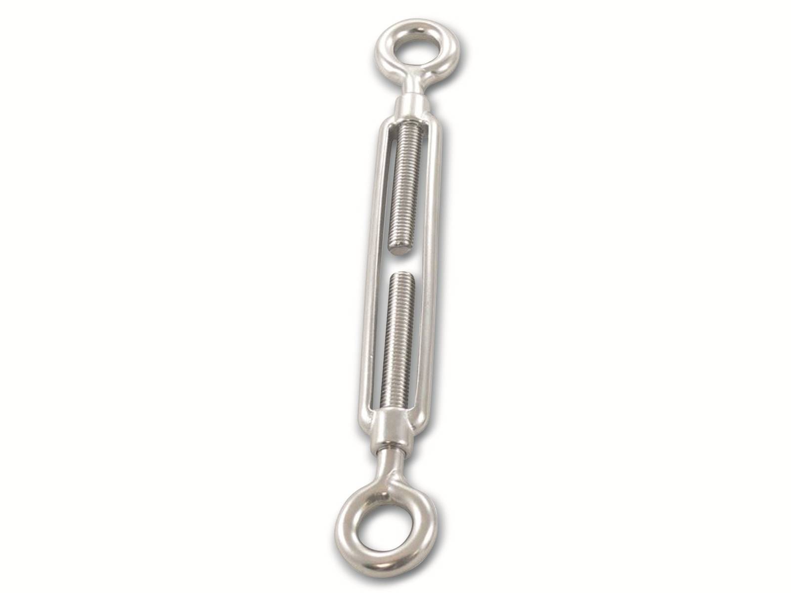 Ein Metallspannschloß mit Gewinde-Wendeln und kreisförmigen Ösen an beiden Enden, das zum Anpassen der Spannung in Kabeln oder Seilen verwendet wird.