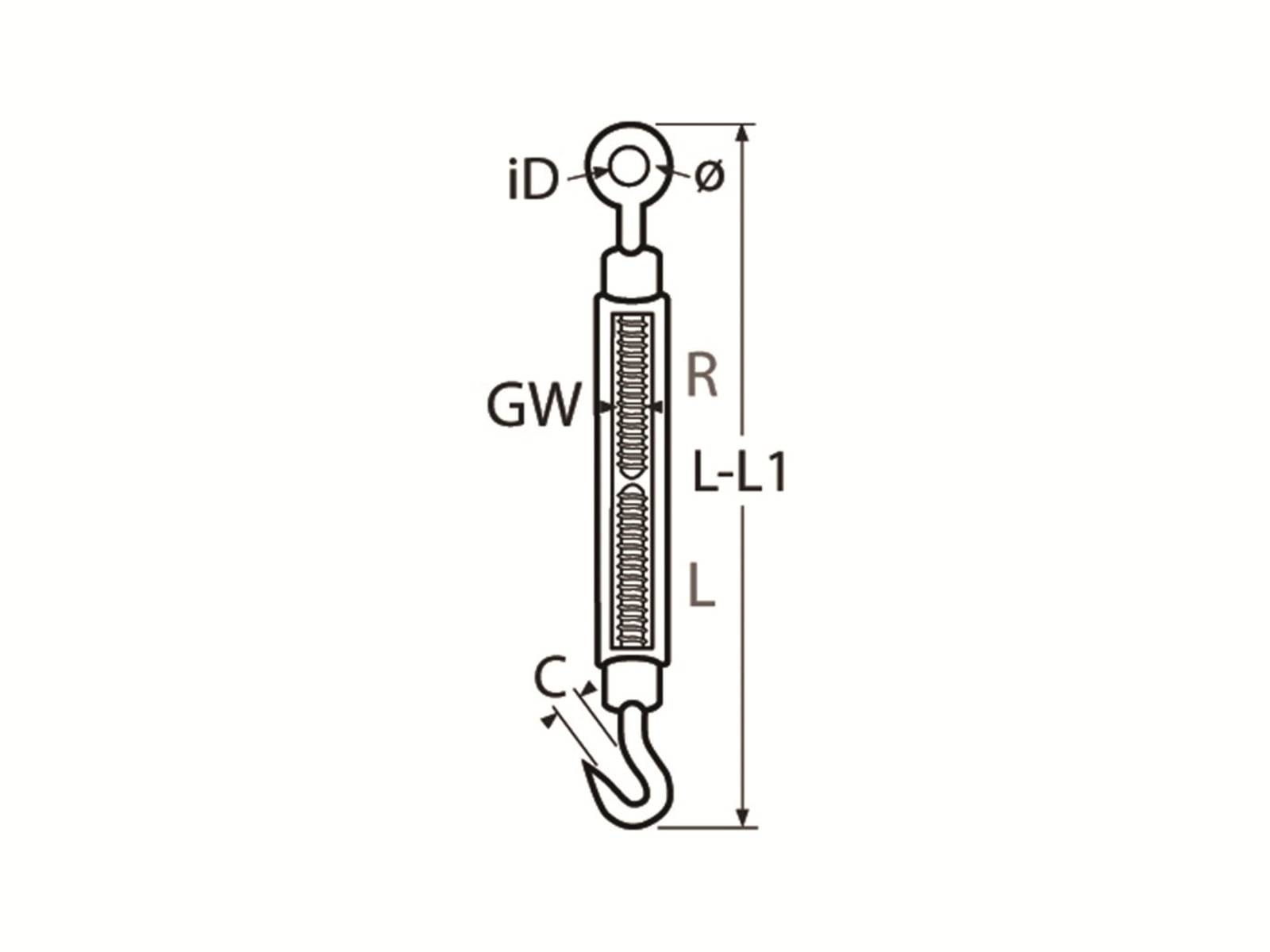 Diagramm eines Spannschlosses mit Messungen: Innendurchmesser (ID), Lochdurchmesser (Ø), Länge (L) und Hakenlänge (L1).