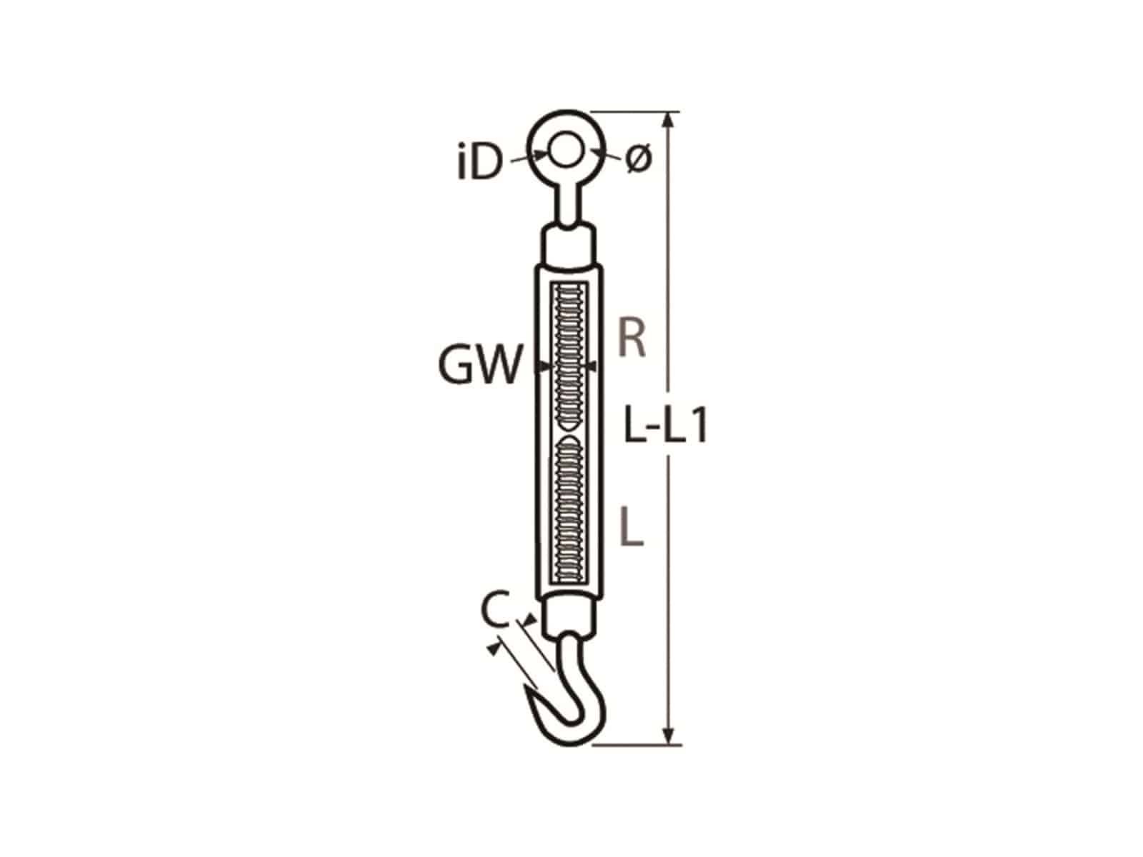 Diagramm eines Spannschloss mit beschrifteten Teilen: iD, Ø, GW, R, L-L1, L, C.