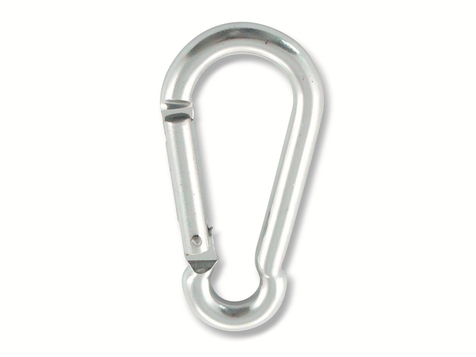 Silberner Karabiner aus Metall mit federbelasteter Schnalle zum Sichern, Klettern oder Befestigen von Gegenständen.