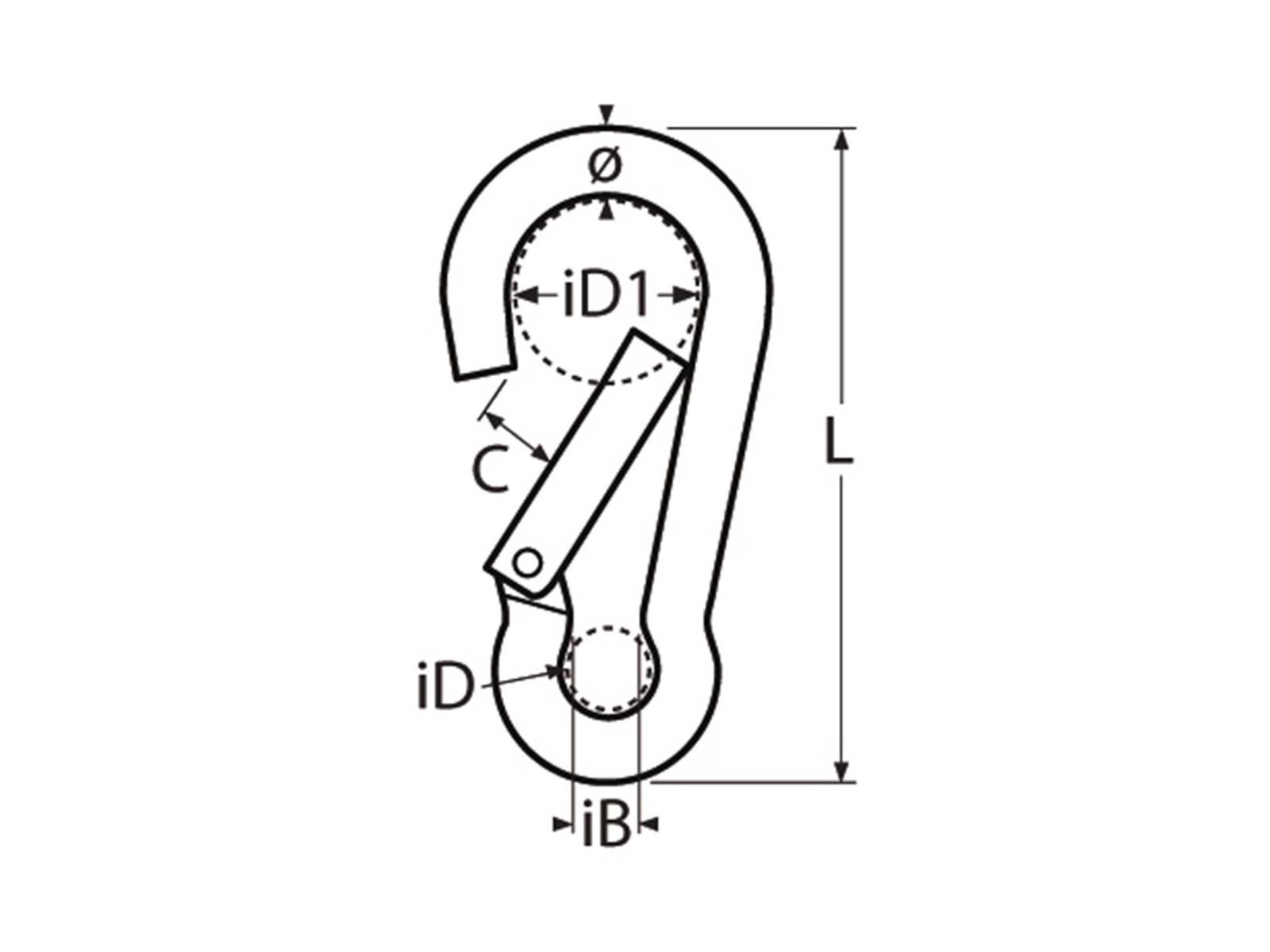 Diagramm eines Karabiners mit beschrifteten Abmessungen: L für Länge, Ø und iD1 für Durchmesser, iD für Innendurchmesser, iB für Breite, C zeigt den Torbereich an.