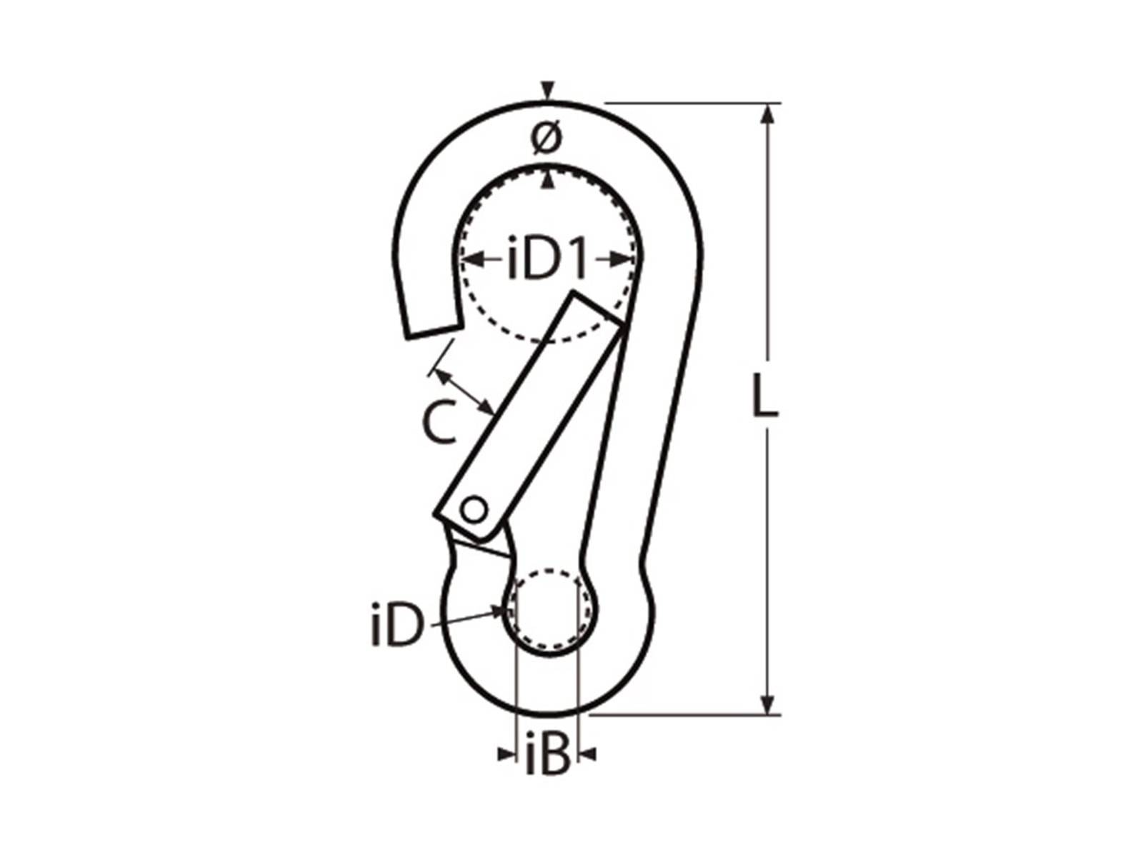 Karabinerschema mit Maßen: iD1, iD, iB, C, L und Ø dargestellt. Illustriert die Abmessungen der Karabinerkomponenten und die Gesamtgröße.
