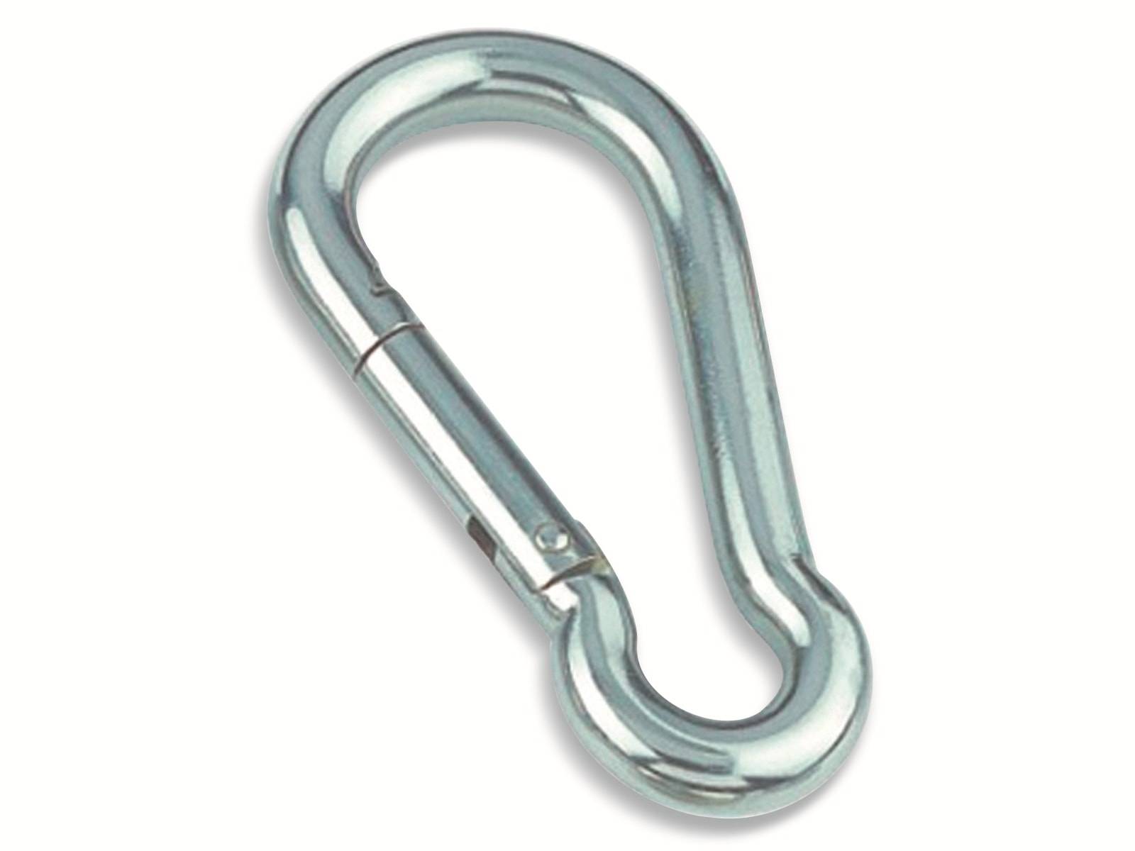 Ein silberner Metallkarabiner mit federbelasteter Schnalle, der zum Verbinden von Komponenten bei Aktivitäten wie Klettern oder zum Sichern von Ausrüstung verwendet wird.