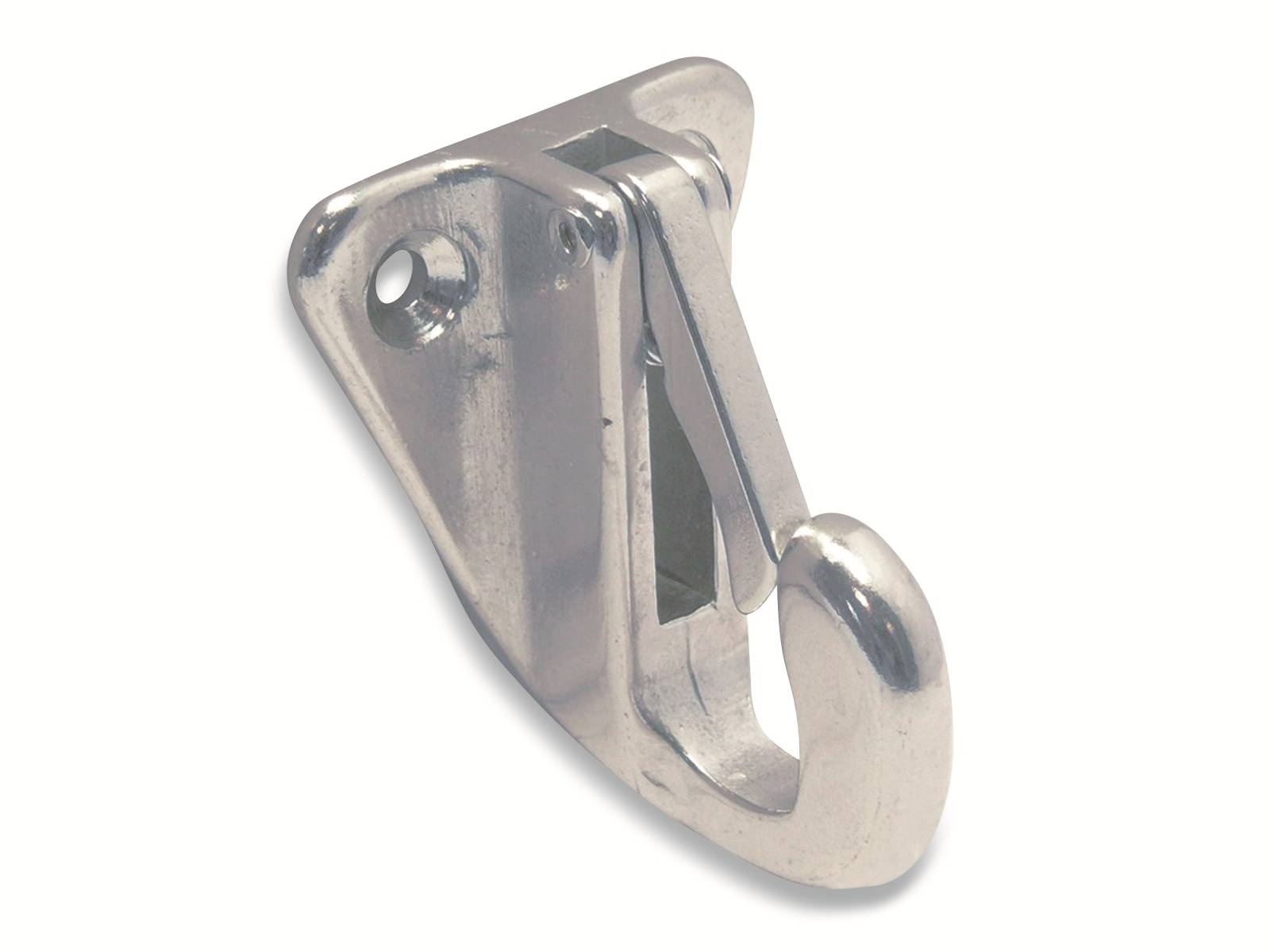 Ein metallisches Kleiderhaken mit dreieckiger Basis und Befestigungsloch, konzipiert für die Wandmontage.