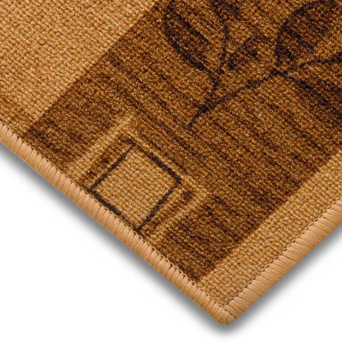 Eine Nahaufnahme einer braun und beige gemusterten Teppichkante mit einem kleinen quadratischen Design und strukturierten Fasern, die Handwerkskunst und Textur zeigt.