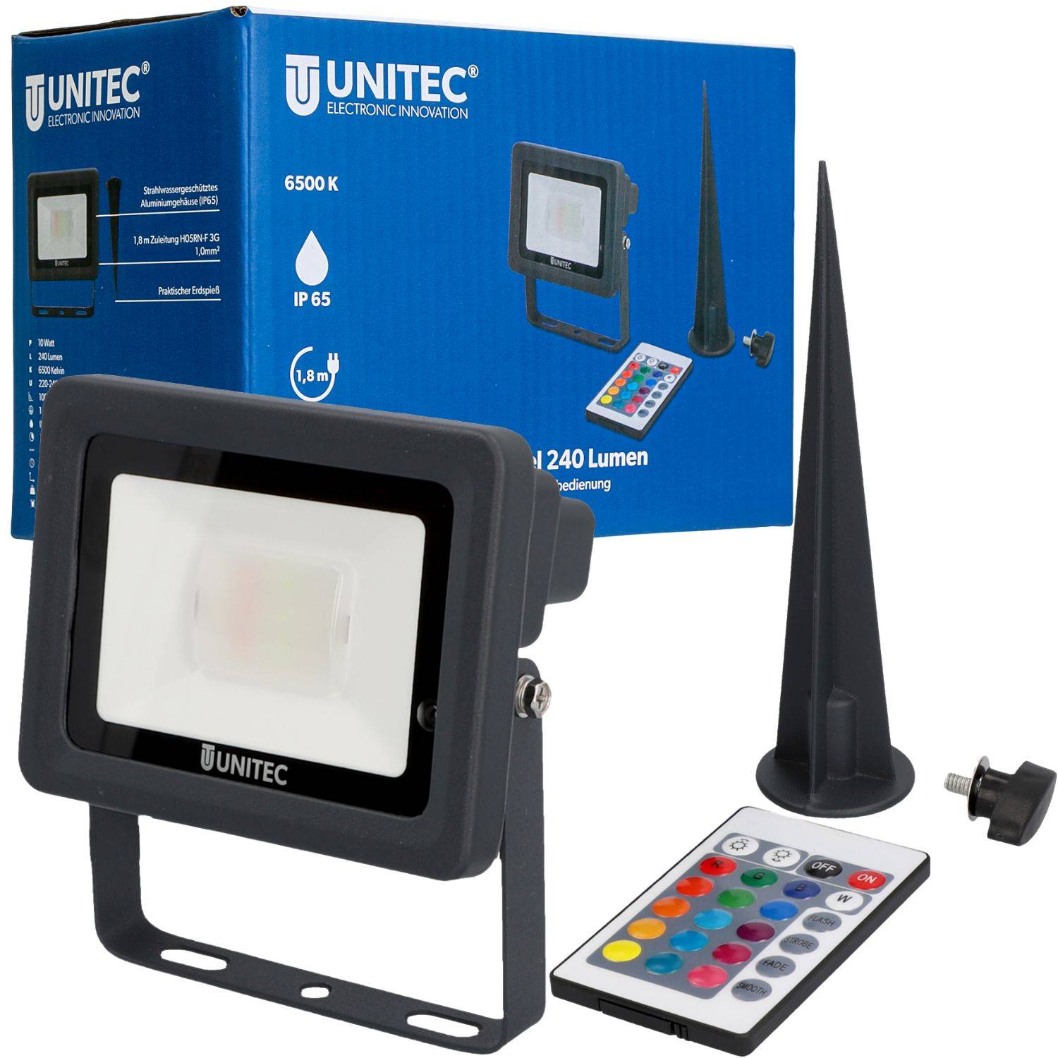 Schwarzes UNITEC LED-Flutlicht-Set mit Fernbedienung, Erdspieß und Verpackung; auf der Schachtel sind 6500 K, IP65 und 240 Lumen angegeben.