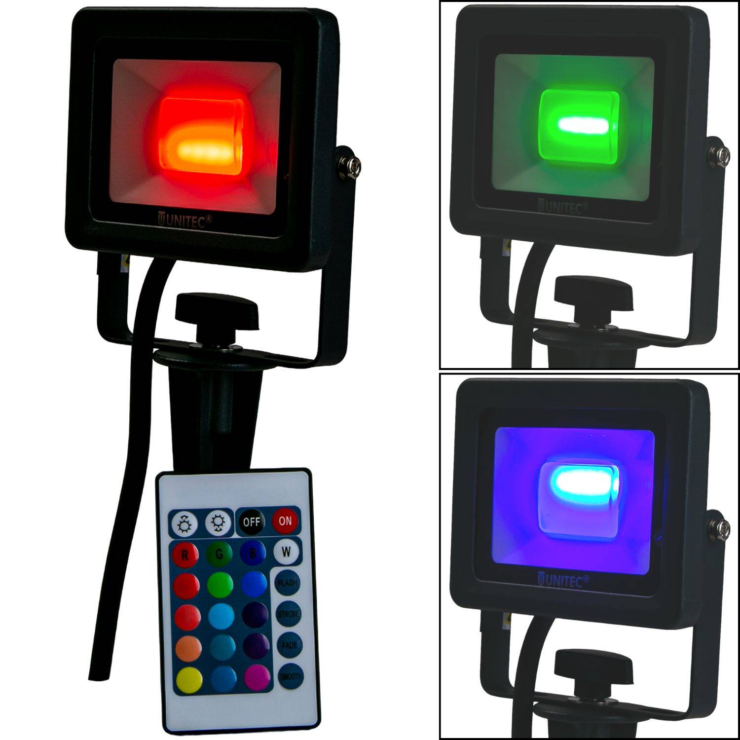 RGB-LED-Flutlicht in Rot-, Grün- und Blaumodus dargestellt, mit einer Fernbedienung zum Farbwechsel.