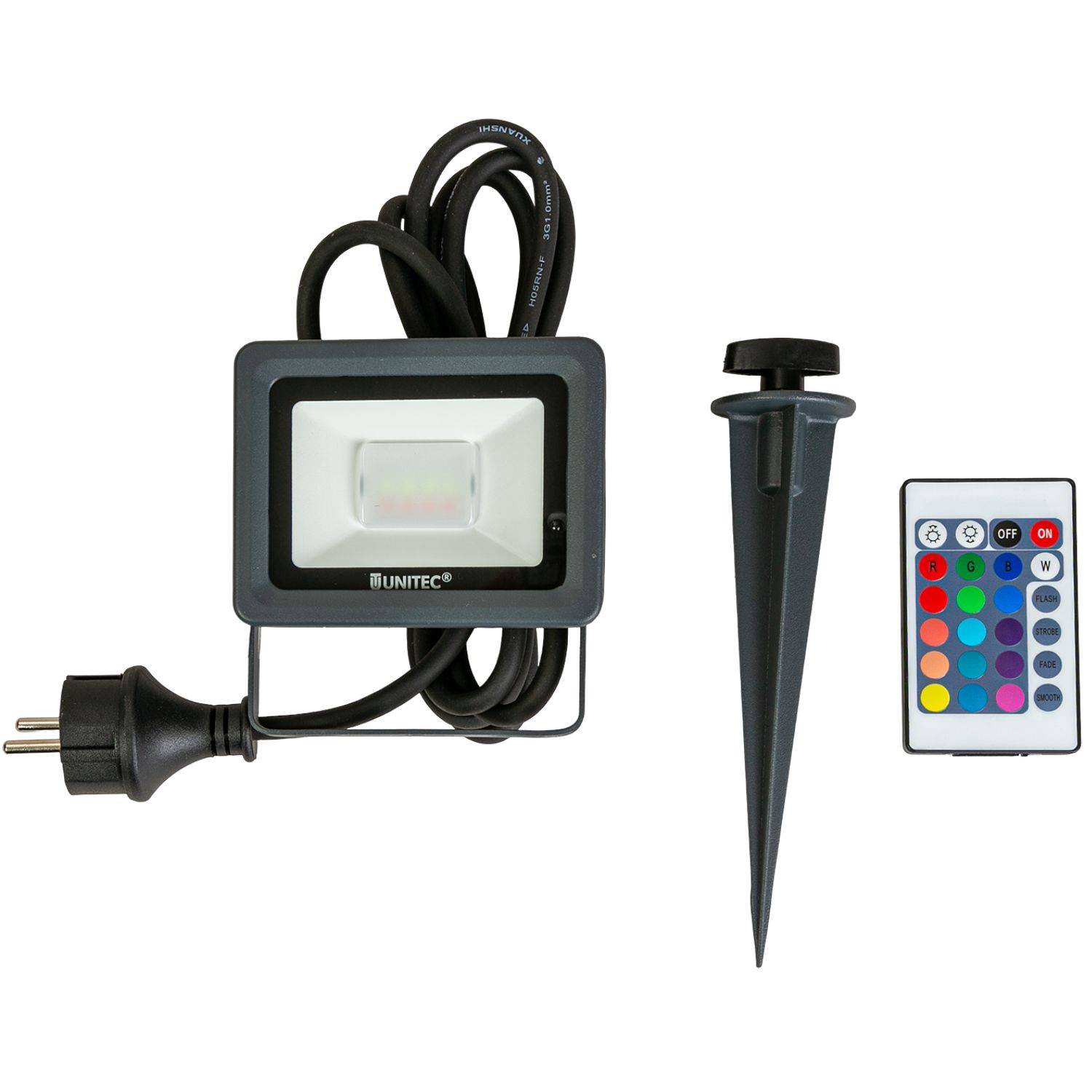 LED-Landschaftsstrahler-Set mit Stromkabel, Erdspieß und Fernbedienung für Außenbeleuchtung.