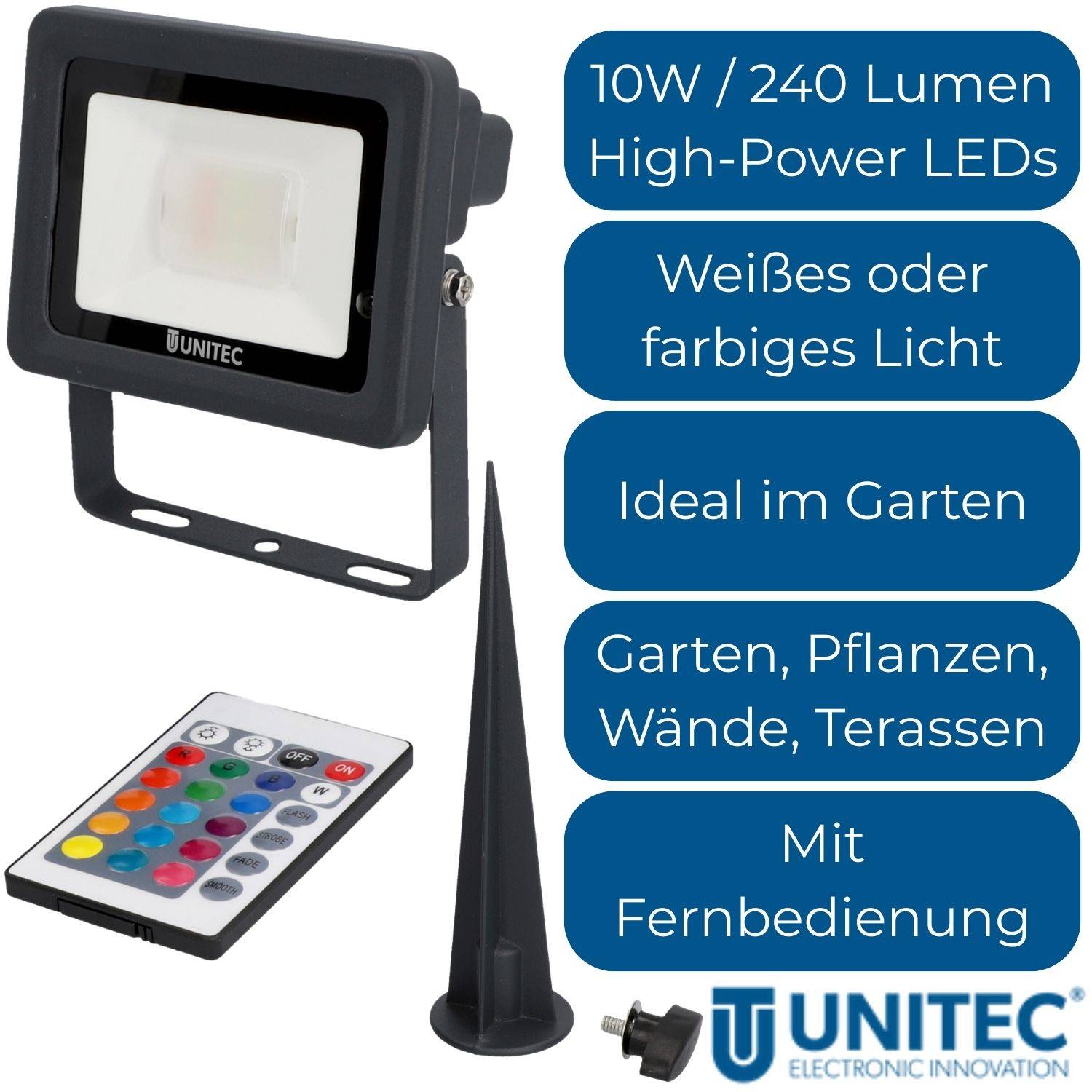 LED-Strahler, 10W, 240 Lumen, für Gärten geeignet. Inklusiv Fernbedienung, Farboptionen und Erdspieß. Marke: Unitec Electronic Innovation.