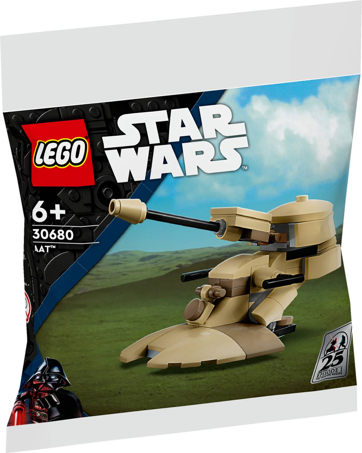 „Lego Star Wars AAT-Set 30680 für Kinder ab 6 Jahren. Das Bild zeigt das Spielzeug vor einer Landschaftskulisse mit Star-Wars-Branding.